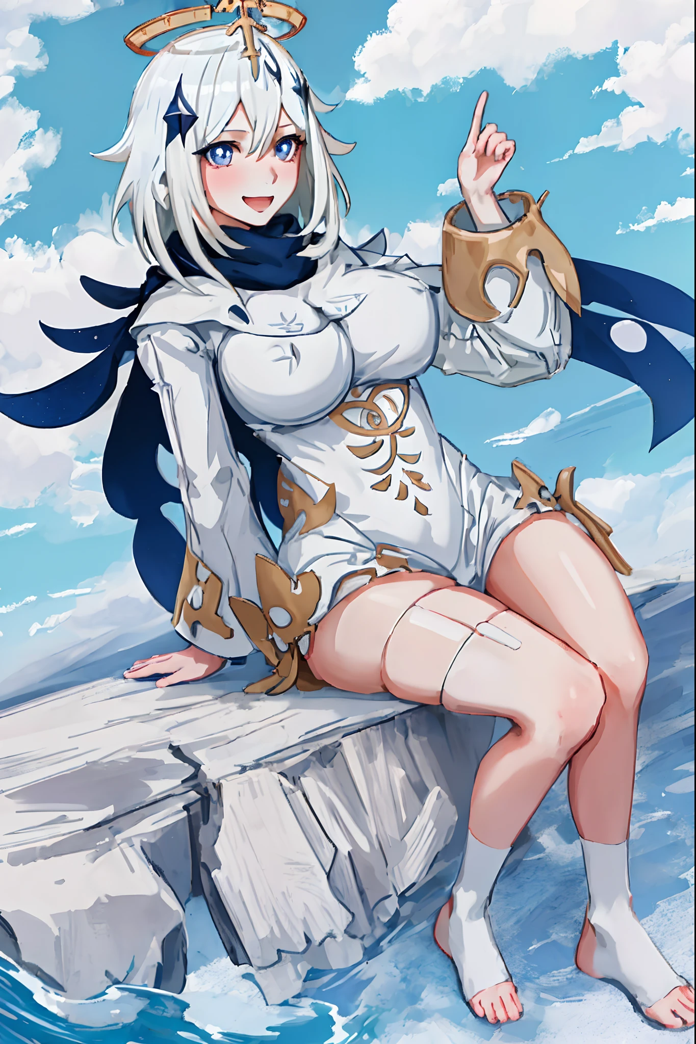 best quality, masterpiece, highres, solo, {paimon_genshin:1.15}, white_hair, halo, hair_ornament, blue_eyes, hair_between_eyes, short_hair, bangs, open_mouth, blush, smile, cape, 1girl, dress, long_sleeves, looking_at_viewer, scarf, white_dress, full body, tallgirl, huge breast, curvy, bimbo, full body standing,