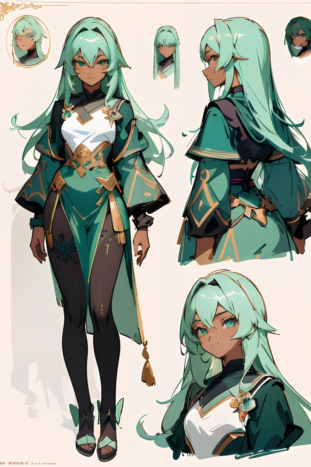 a close up of a person with long hair and a green dress, interesting character design, anime character design, ((dark skin)), anime character art, 8k, RAW photo, highest quality), (1 girl), (((beautiful young ebony girl))), , teal hair, teal eyes, smile, (detailed eyes:0.8), (looking at the camera:1.4), (highest quality), (best shadow), intricate details, interior, dark studio, muted colors, (to8contrast style), great character design, high quality character design, trending on artstation pixiv, pretty anime character design, detailed anime character art, anime concept art, character design art, professional character design, by senior character artist, beautiful full body concept art