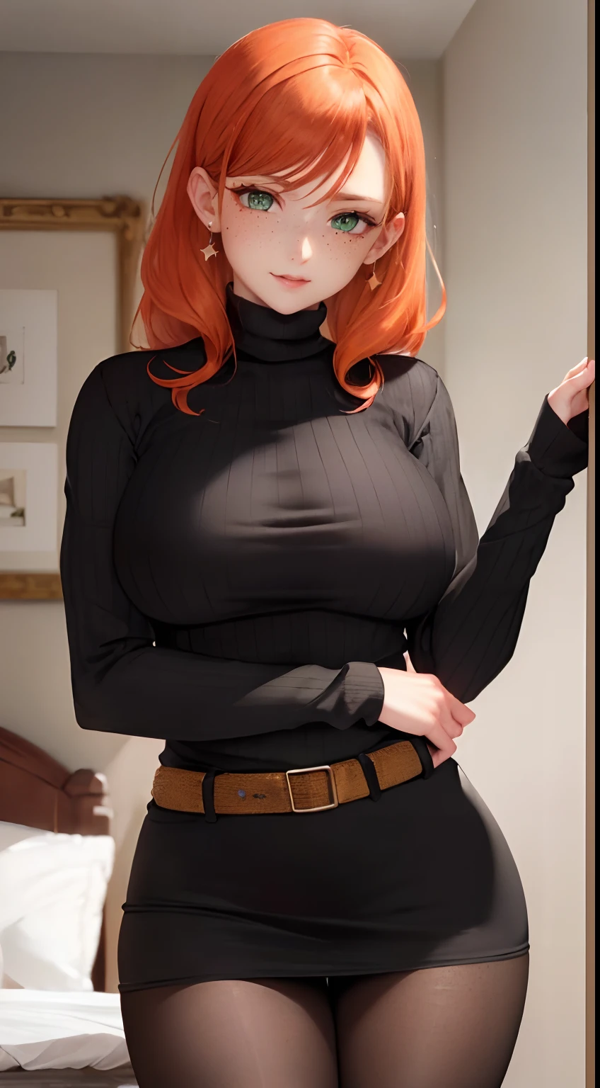 milf, masterpiece, best quality, ultra-detailed, beautiful lighting, 1girl, orange hair, green eyes, freckles, turtleneck, looking at viewer, in black stockings with a belt