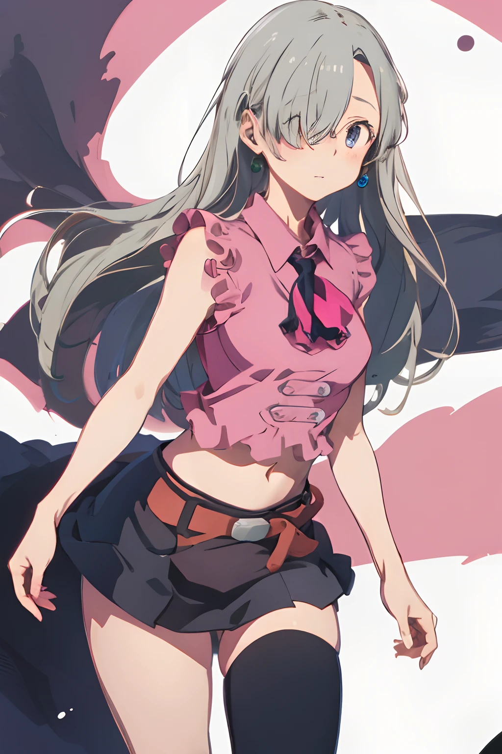 masterpiece, best quality, highres, hmeliza, 1girl, jewelry, single thighhigh, hair over one eye, midriff, black skirt, asymmetrical legwear, pink shirt, black thighhighs, belt, miniskirt, standing, cowboy shot,