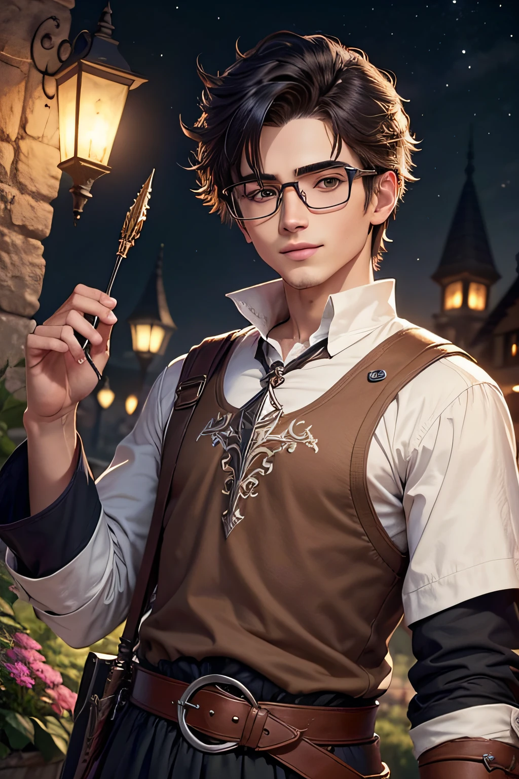 homem adolescente alto, cabelos curtos, sorriso, bashful, cabelos pretos, square glasses, roupas pretas, rpg, fantasia medieval, noite, flores, musica.