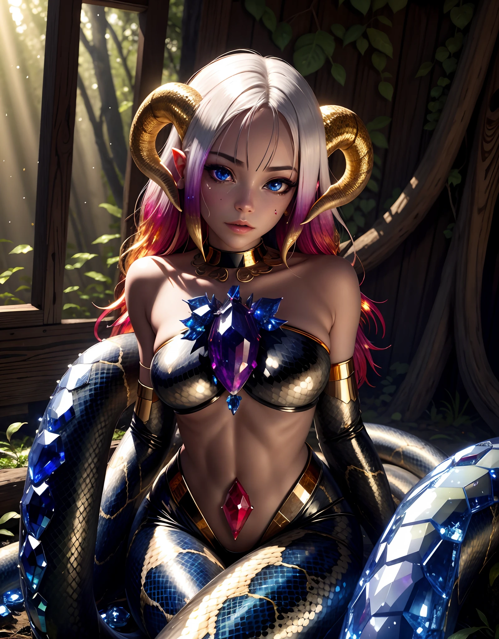 detailed snake skin, (Adult ), solo focus, (lamia), stoic, monster girl, (short horns), beautiful eyes, beautiful background, abandoned cabin, forest, light particles, sun rays, dramatic lighting, outside, grass, leaves, shiny (sapphire, ruby, gold gradient:1.5), realistic, masterpiece, best quality, ultra-detailed, detailed, scenery, beautiful detailed eyes, detailed hair
