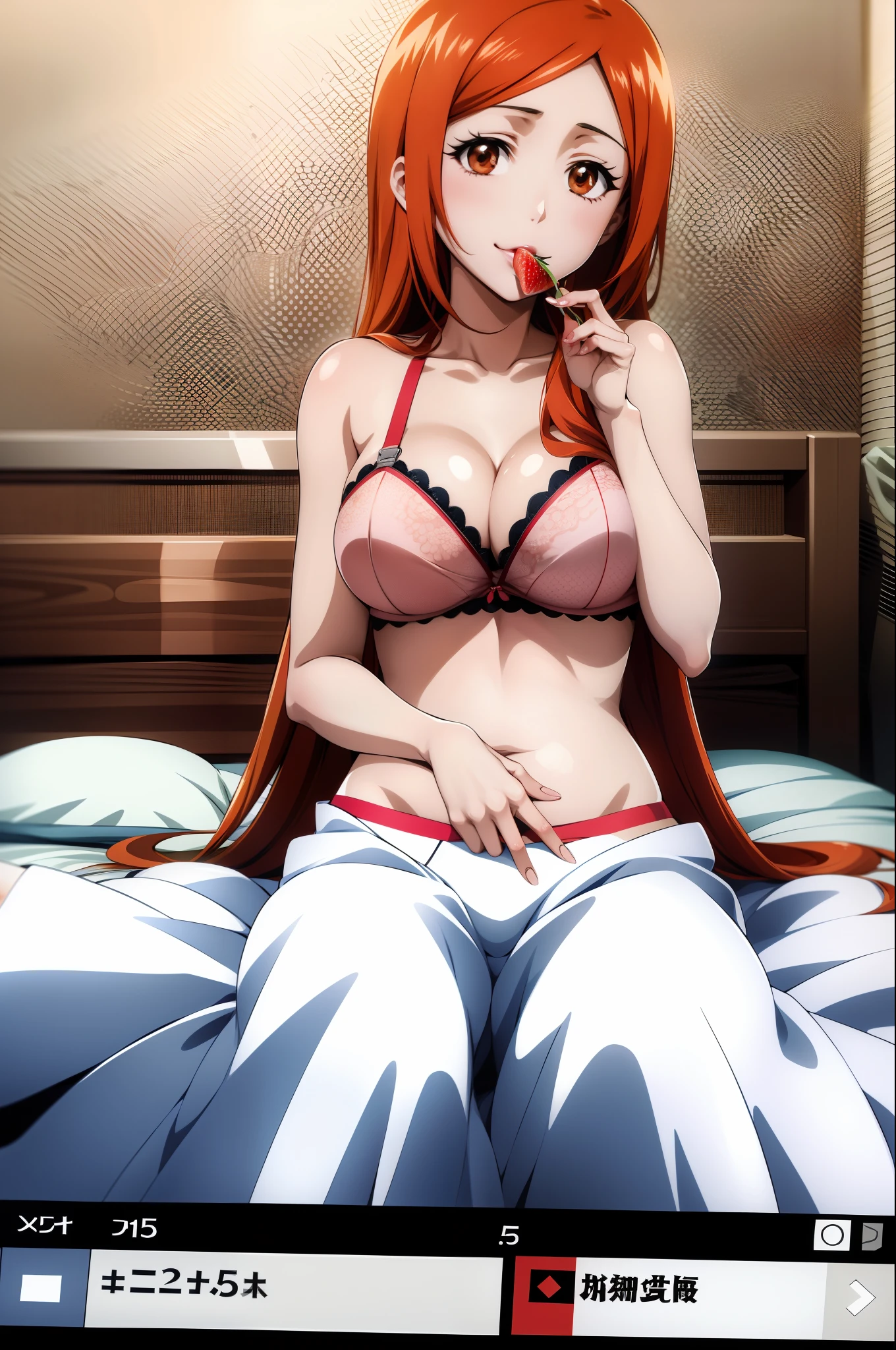 Orihime Inoue, eating a strawberry, laying in bed, seductive, bra, high quality, perfect details, bleach anime style, anime still, (1girl)