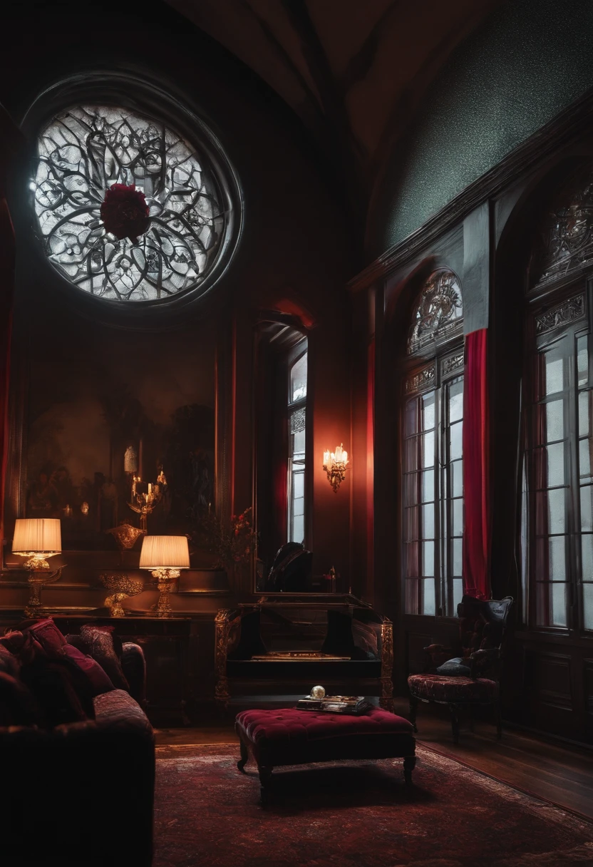 /imagine prompt: femme fatale, gothic makeup, close up, 80s, zen interior design