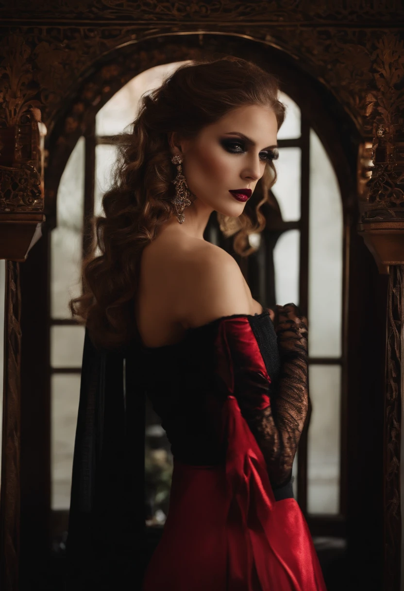 /imagine prompt: femme fatale, gothic makeup, close up, 80s, zen interior design
