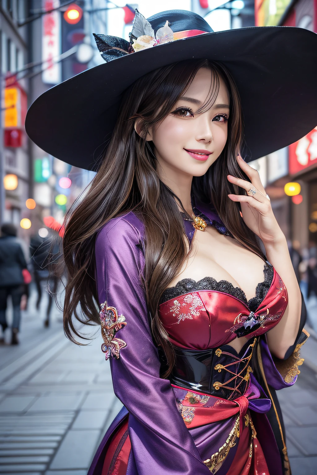 (1 Ultimate Beautiful Mature Woman)、hyperdetailed face、Detailed lips、A detailed eye、二重まぶた、Medium brunette hair, Colorful Halloween witch costume with decoration、walking down the street、((Open mouth and smile happily))、(Glamorous body)、(large full breasts)、(cowboy  shot)、perfect hand, Perfect fingers, perfect chest, Perfect fit, perfect bodies, face perfect, depth of fields、Perfect image realism, Background with:((Ginza Street in Tokyo at night))、In-depth background, detailed costume, Perfect litthing、Hyper-Realism、Photorealsitic、8K maximum resolution, (​masterpiece), ighly detailed, Professional