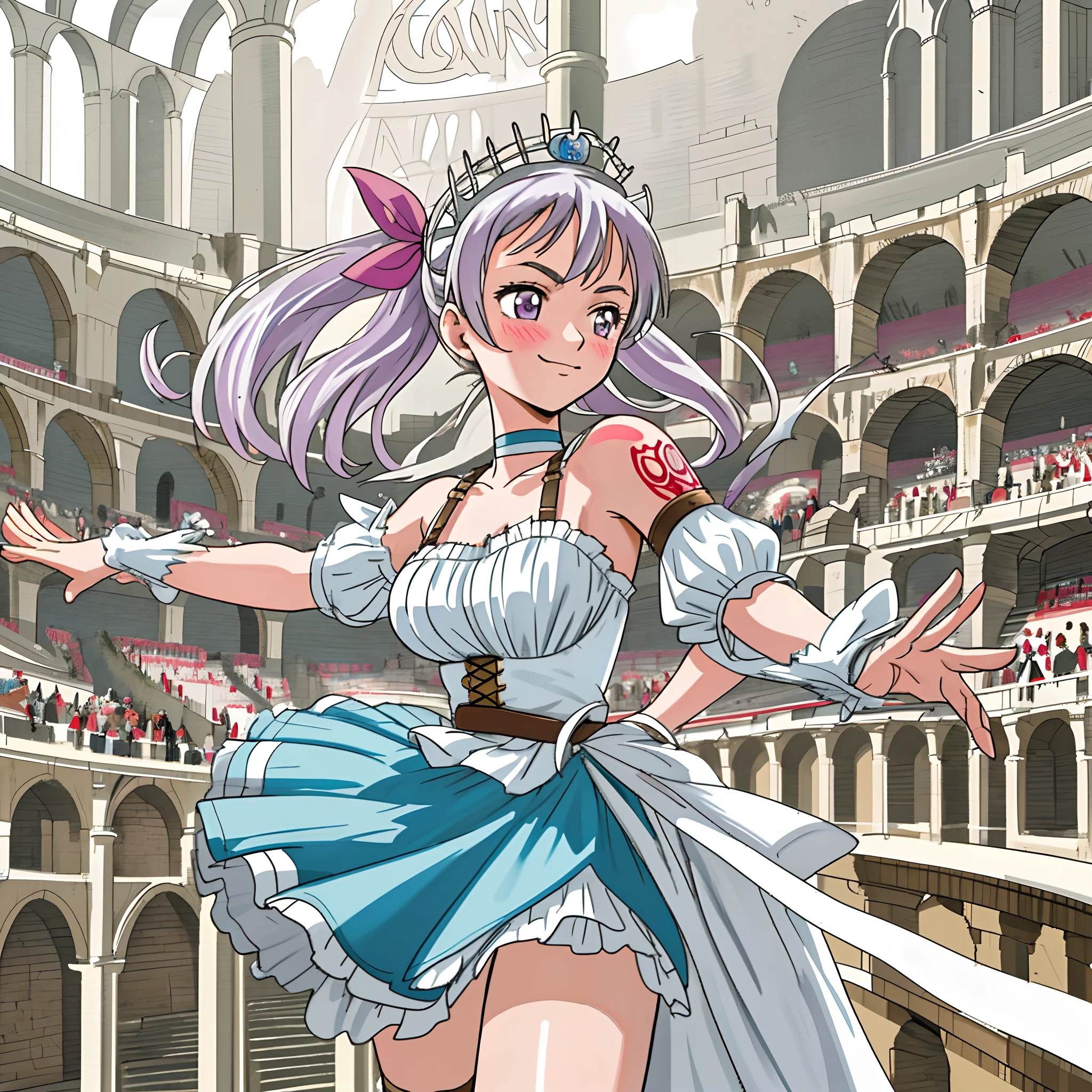 Colorful, Up-close, Silvery hair, Ultra-realistic hair quality, Vibrant colors, Young Girl, 14years old girl, Beautiful long hair, Shiny hair, detailed hairs, Hair Ribbon, Twin-tailed, Noelle Silva, no sleeves, Sleeveless, Open shoulders, Cinderella Costume, pannier, Dress, Lace dress, long-one-piece dress, Chest exposure, Lace underwear, Metamorphosis is exposed, Choker, Black Choker, complete fingers, Five Fingers, Two arms, Two hands, The tattoo, body tattoo, arm tattoos, Blue Rose Tattoo, Tattoo on the wrist, Tattoo on the thigh, white stockings, Sandals, gladiator sandals, Long sandals, Bare legged, garterbelts,Relative area, Sexy breasts, Big breasts, red blush, 1girl in, Solo, Sharp face, pale purple eyes, Bare neck, Happy face, lightsmile, Skirt in dress, Panniers in dresses, Torn dress, Tattered Dress, China, castle, Kingdom, Beautiful sky, shining sky, Roman Colosseum, Ancient Roman Arena, Colosseum stage in Rome, Stand in the Colosseum.