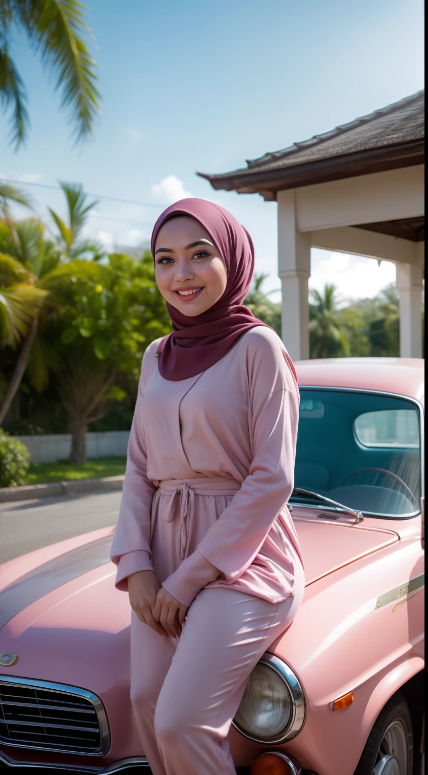 Malay girl in hijab wear pastel color jumpsuit, seat infront of vintage car, old car, front view, detail skin, detail skin texture, mole below eyes, small breast, big hip, big waist, big thigh, slim abs, beautiful body, evening, laughing, happy, bright lighting, blur background, bokeh,