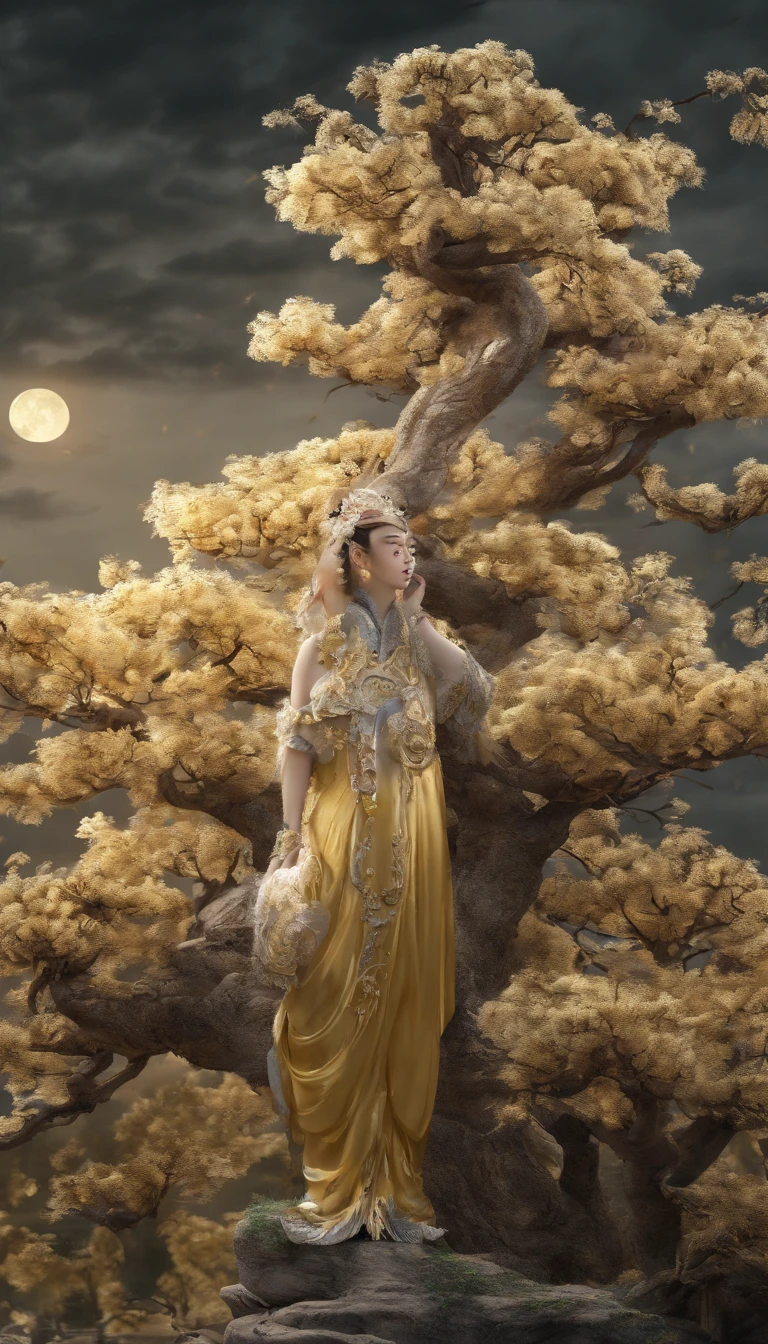 China-style,Golden chrysanthemum,Moon Night,中景 the scene is,Full body like, highly detailed surreal vfx,oc rendered,Shot with 70 mm - AR 16:9 --q 2 --s 1000,white backgrounid,Chung yeung festival