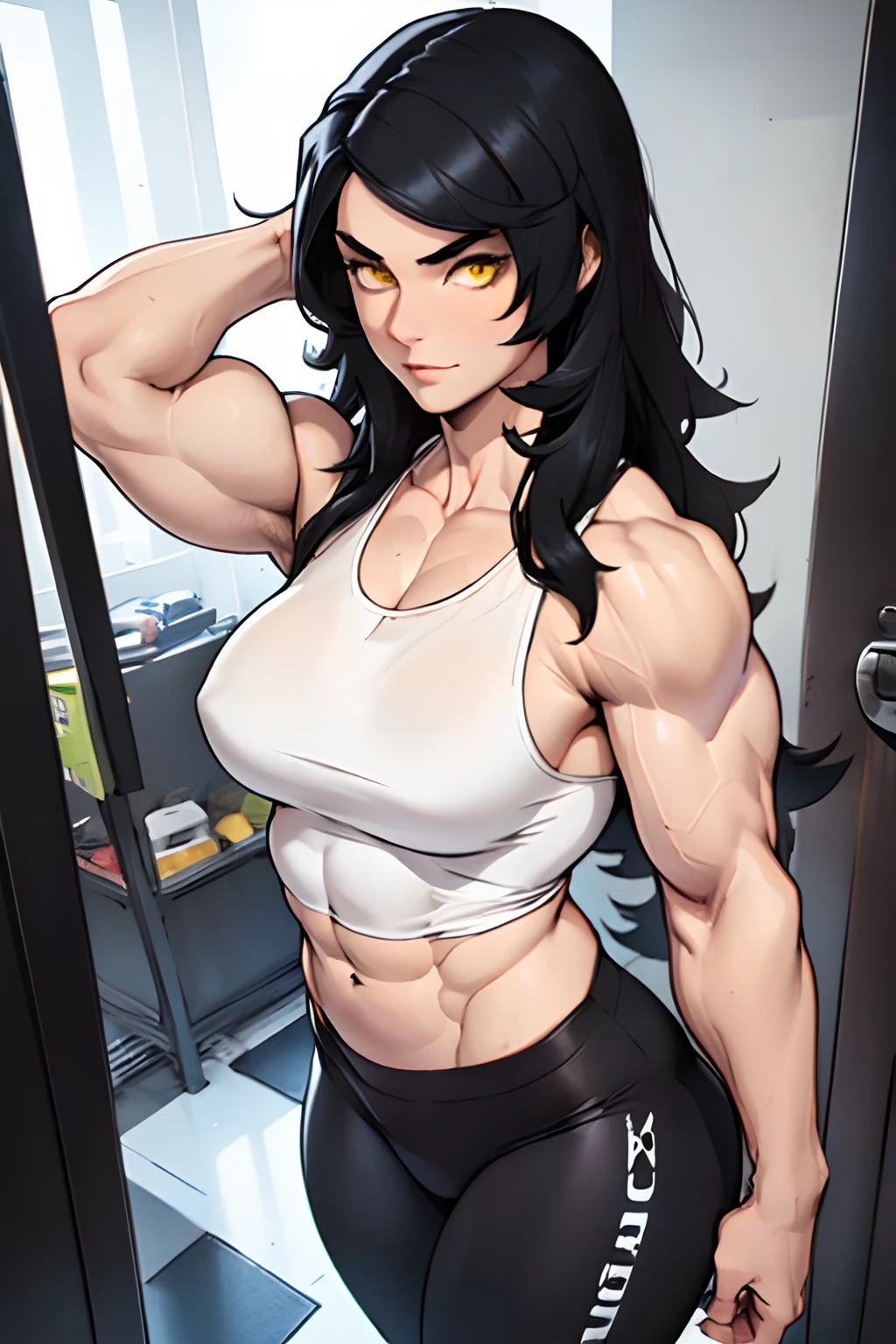 (((((((1 girl muscular))))))), black hair, yellow eyes, very long hair, tall, pale skin, (seductive expression), tank top, leggings armpits