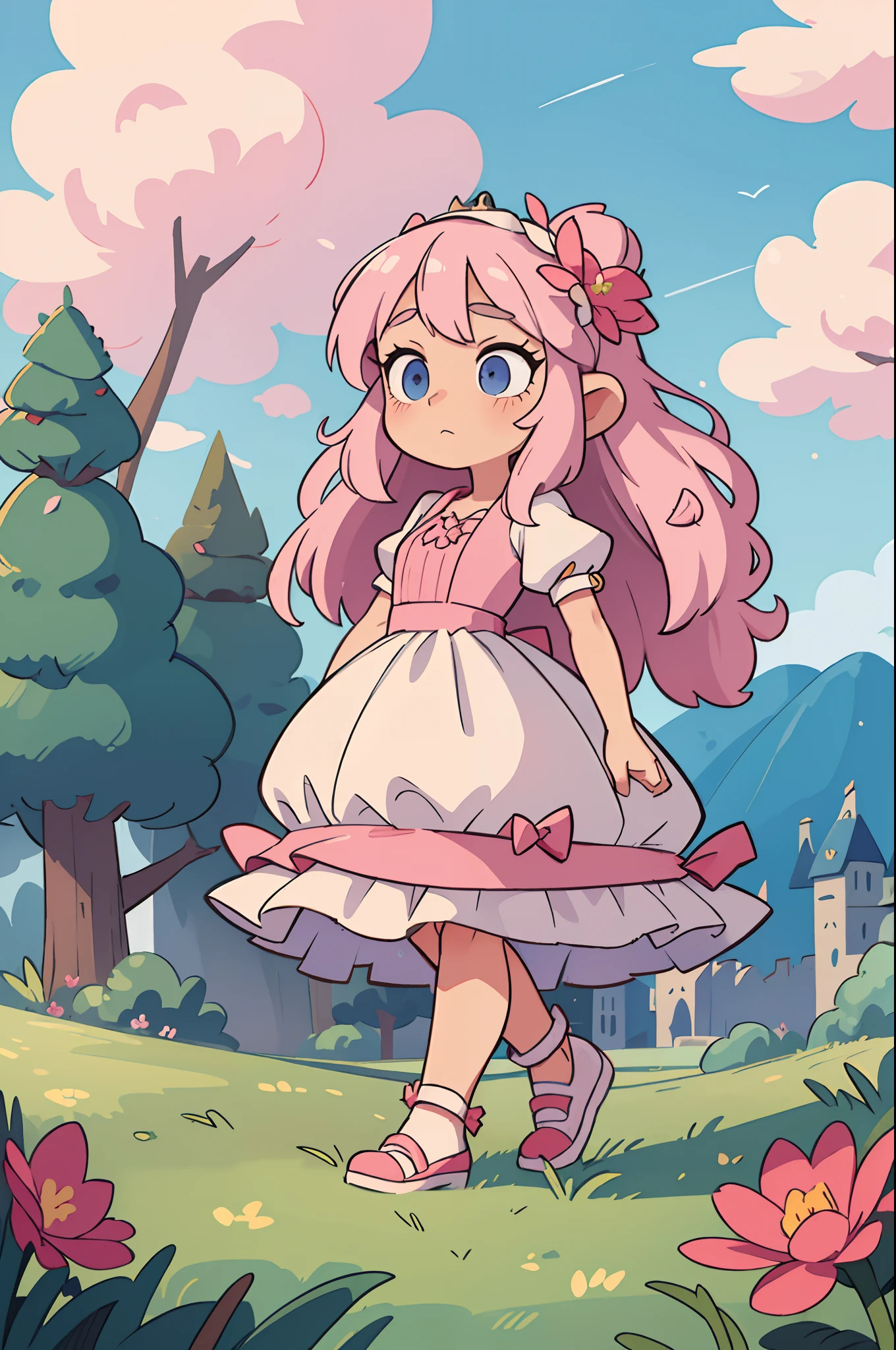 ((best quality, masterpiece)),
1girl, princess pink dress, flowers, white messy hair, outdoor, clouds on background,fantasy, medieval, castle on background
