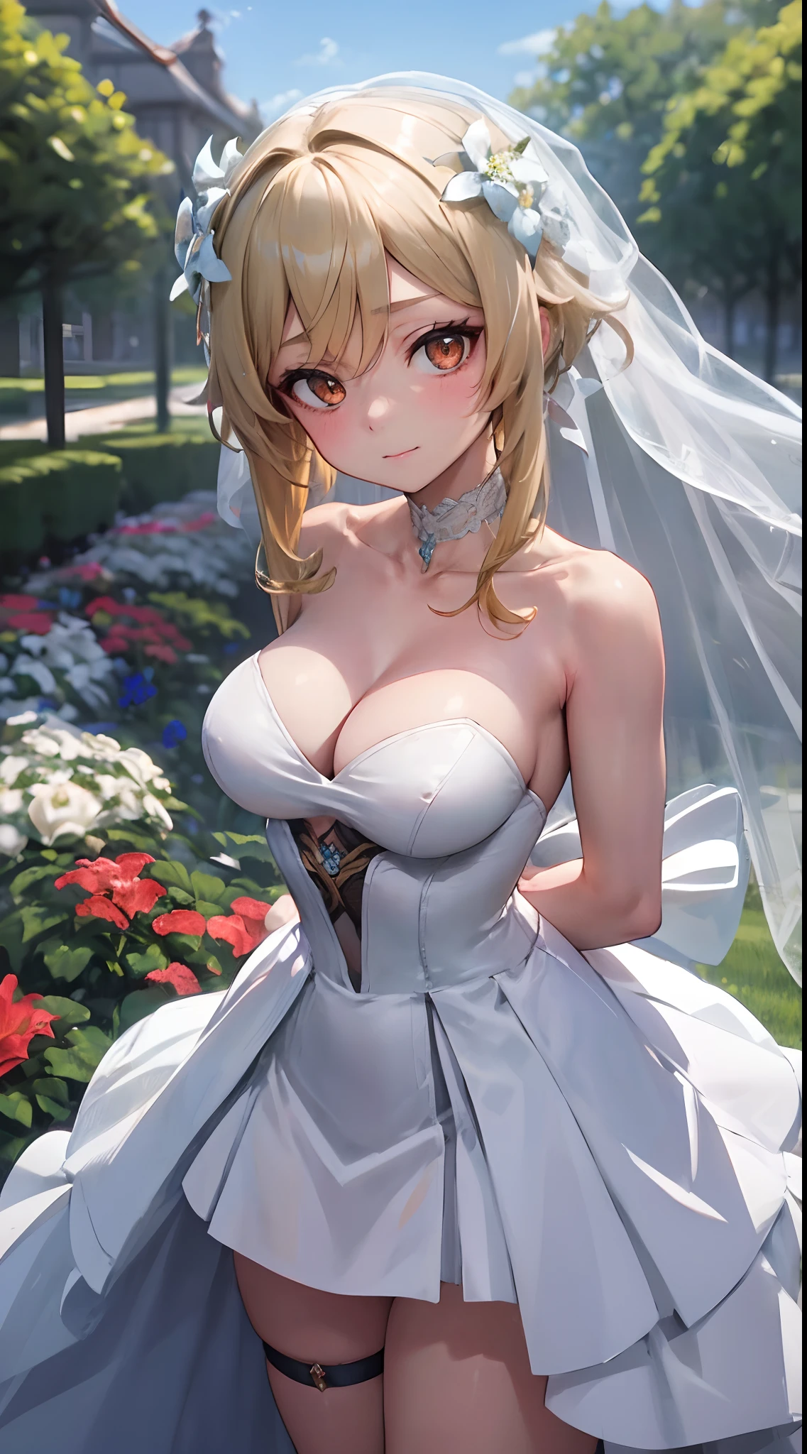 Lumine | genshin impact, master-piece, bestquality, 1girls,25 years old, proportional body, proportional., Wedding Dresses, White Wedding Dress, Long skirt, wedding, mediuml breasts, ,bara, choker, Standing in the middle of a flower garden, outdoor, wedding, The sky is beautiful, arm behind back, View viewers from the front., Thigh strap, Head tilt, bored, 10, 10, HD, slight smile,