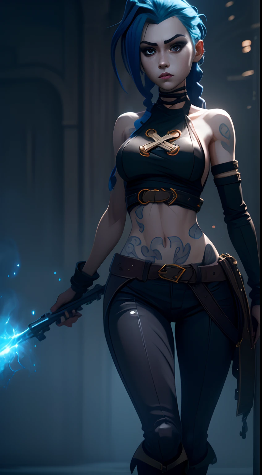 Jinx's character design, Dynamic movements, afoot, Holds a machine gun in both hands, sexypose, Beautiful figure, Arcane's Jinx, Bright blue and purple sparks all around, glowing eyes, Pink glowing eyes, hairlong, hairsh, braided into long braids, Pigtails hang below the knee, Hair color changes from bright blue to navy blue, Dressed in brown breeches, Leather boots on the feet, Top with four gold circles on the chest in the middle of the chest, Blue cloud tattoos on shoulders and waist, Long bangs, hanging on the right side, Belt with cartridges on the belt, Arcane style, extremely detailed CG unity 8k wallpaper, detailed light, Cinematic lighting, chromatic aberration, glittering, expressionless, epic composition, dark in the background, Cherecter Desing, Very detailed, Detailed body, Vibrants, Detailed Face, sharp-focus, anime art, Vibrants, Detailed Face, Hugh Details, sharp-focus, Very drooping face, A detailed eye, super fine illustration, better shadow, finely detail, Beautiful detailed glow, Beautiful detailed, Extremely detailed, expressionless, epic composition,