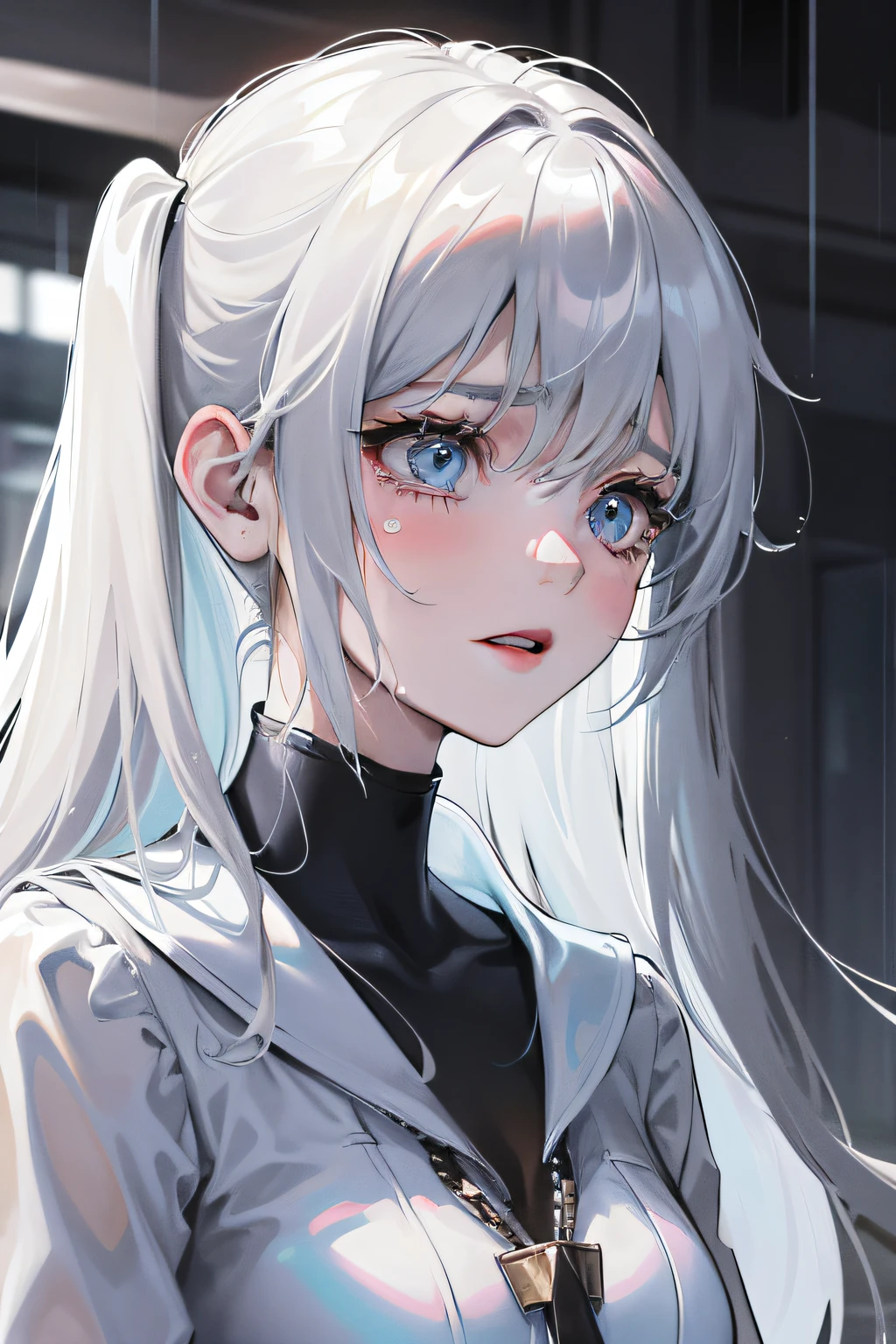A age female,The upper part of the body, Cry for love, At the top of the building, Heavy raindrops fell, wetclothes, Wet hair, Clear face, Solitude, streaming tears, eyes reflection, streaming tears, teardrop, Ray traching, reflective light, lightand shade contrast, cinmatic lighting, closeup cleavage, tmasterpiece, best qualtiy, high detal, A high resolution, ccurate, textureskin, high high quality, hyper HD, HD