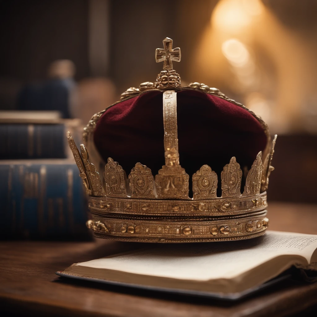 The book is open and illuminated . Next to it is the king's crown