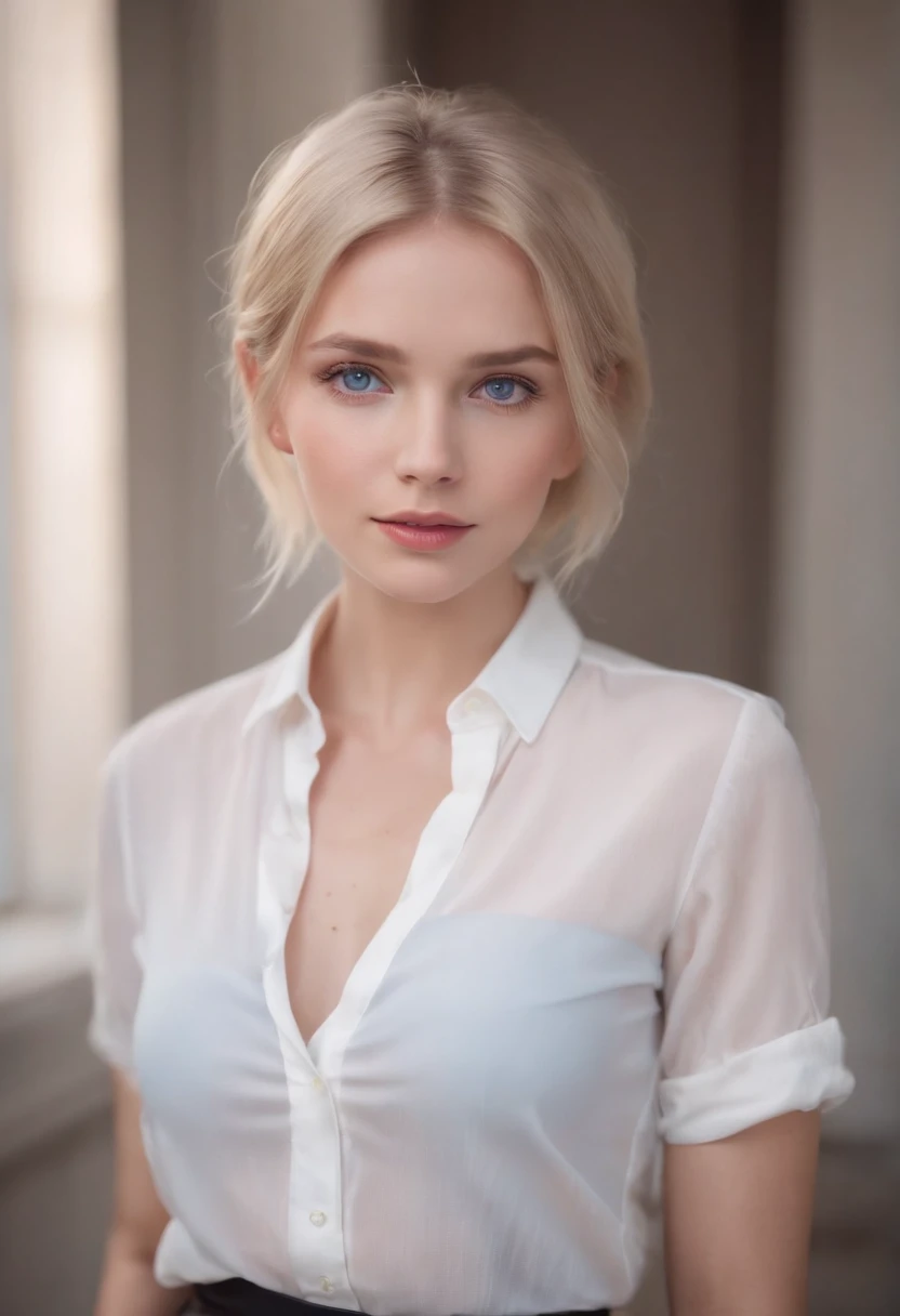 Professional photo of beautiful short blonde hair girl, blue colored eyes, Translucent skirt,white shirt,lighting perfect,