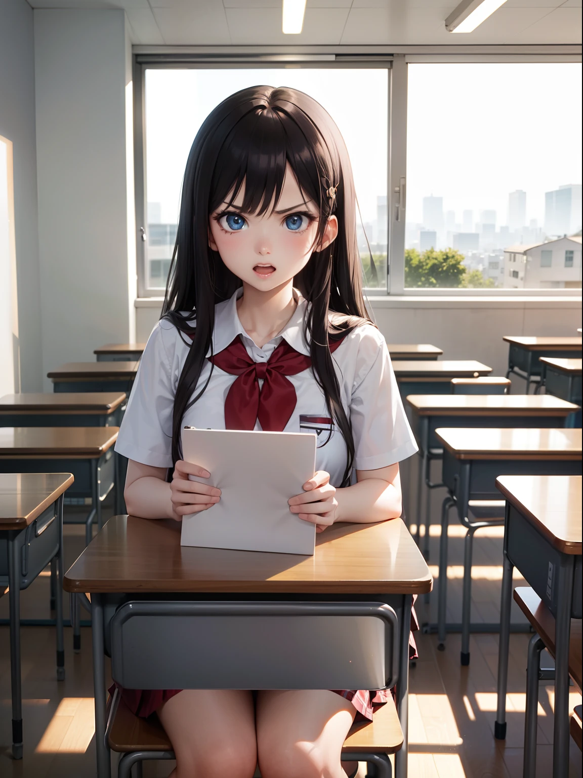 in 8K、top-quality、masterpiece、ultra-detailliert、Ultra-high resolution、Anime style、1 girl、Classroom、angry