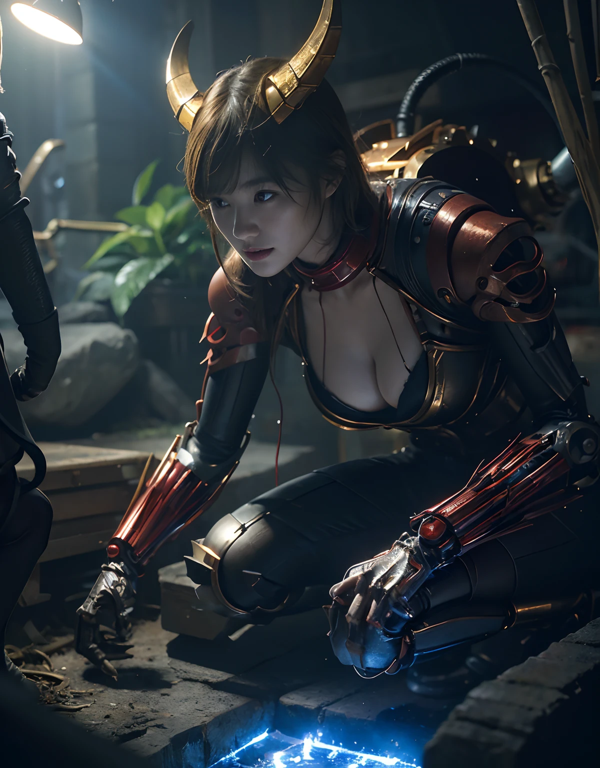 ((Fighting Demonic Beasts))、top-quality、masterpiece、超A high resolution、(Photorealsitic:1.4)、Raw photo、女の子1人、Golden hair、glowy skin、(((1 Mechanical Girl)))、With a beautiful knife、(Blue Metal Bodysuit)、(beautiful forest background)、(Fighting Demonic Beasts)、(Small LED)、((super realistic details))、portlate、(Strong giant demon beast background),globalillumination、Shadow、octan render、8K、ultrasharp、Colossal tits、Raw skin is exposed in cleavage、metals、Details of complex ornaments、Japan details、highly intricate detail、Realistic light、CGSoation Trends、Red Eyes、radiant eyes、Facing the camera、neon details、(Mechanical limbs)、(blood vessels connected to tubes)、Mechanical vertebrae attached to the back、mechanical cervical attaching to neck、(Wires and cables connecting to the head)、Gundam、Small LED、,Mechanical thighs、Toostock、(Hands are also made of machines)、(Attack of the Monster Beasts)、(Wounded in a deadly battle)、