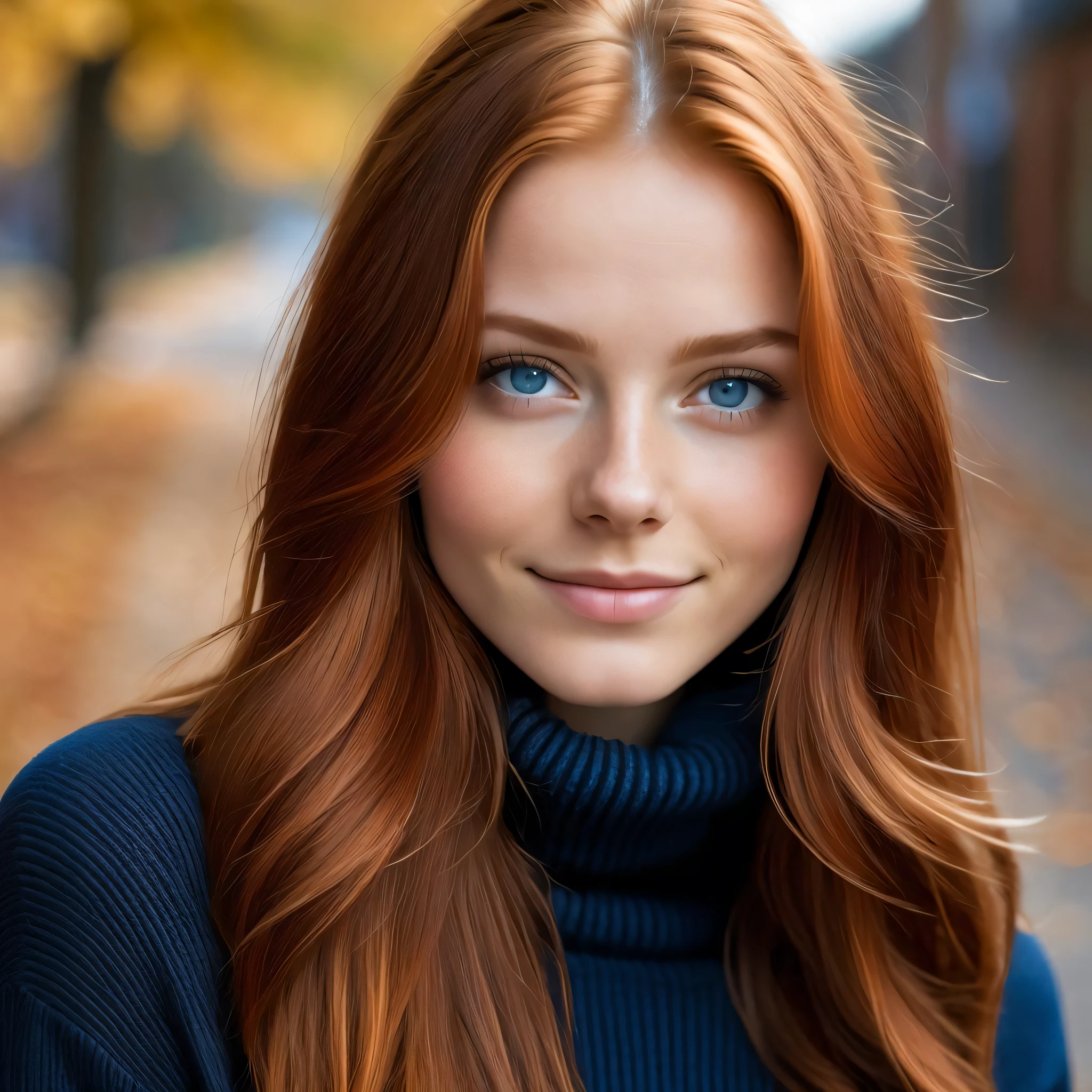 detailed and realistic close portrait of 1girl, 18 year old, blue eyes, red_hair, long_hair, closed_mouth, lips, smile, long_hair, looking_at_viewer, wearing a black sweater, turtleneck, shot outside, soft natural lighting, portrait photography, magical photography, dramatic lighting, photo realism, ultra-detailed, intimate portrait composition, Leica 50mm, f1. 4