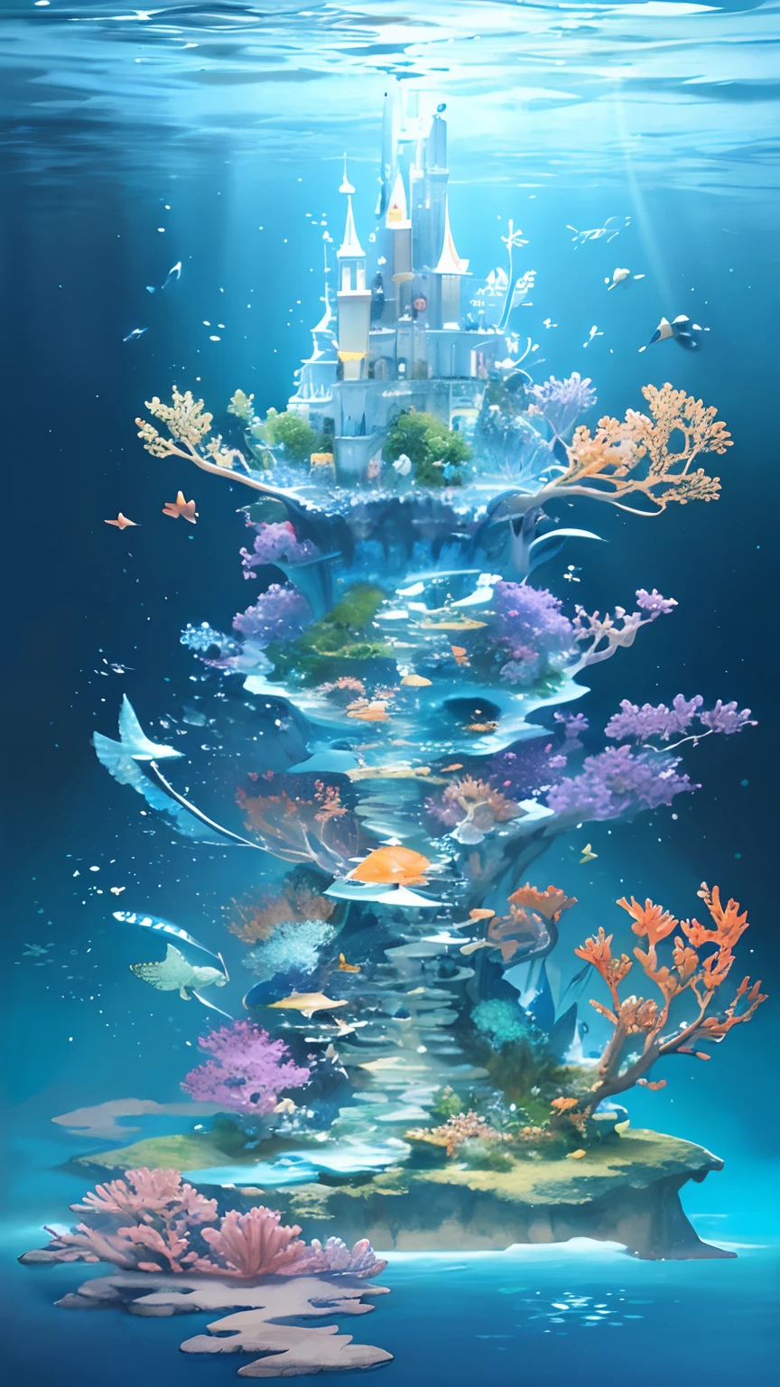 Without people, Goldfish Constellations, light magic, View 3/4, A fabulous underwater world of constellations, the night, Painting depicting an underwater castle with seashells in the ocean with fish and corals, Jellyfish glow, Underwater world with fish, jellyfish and corals, A huge floating castle, Very detailed, based on Pushkin's fairy tales, Beautiful detailed fantasy, Fantasy seascape, Water is everywhere, Water Magic, Beautiful glow