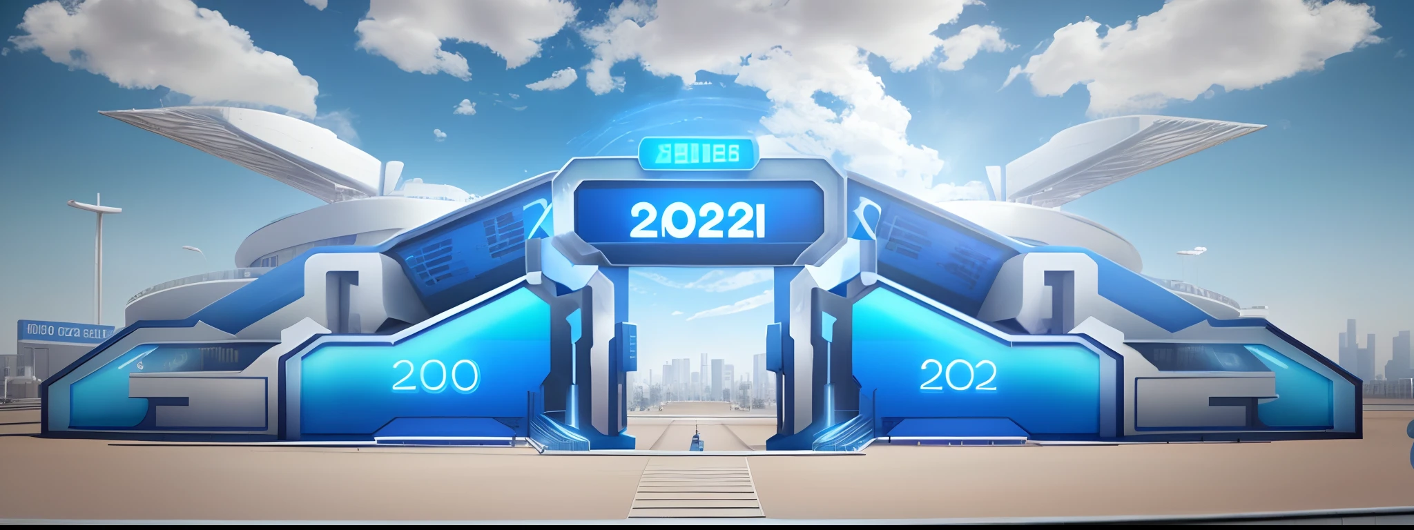 A huge blue sign,It reads "Welcome to 2023". The sign is designed to welcome visitors and convey hospitality, experiment, urbanization, Realistic blue sky background, Futuristic technology, Minimalism, 8K 3D