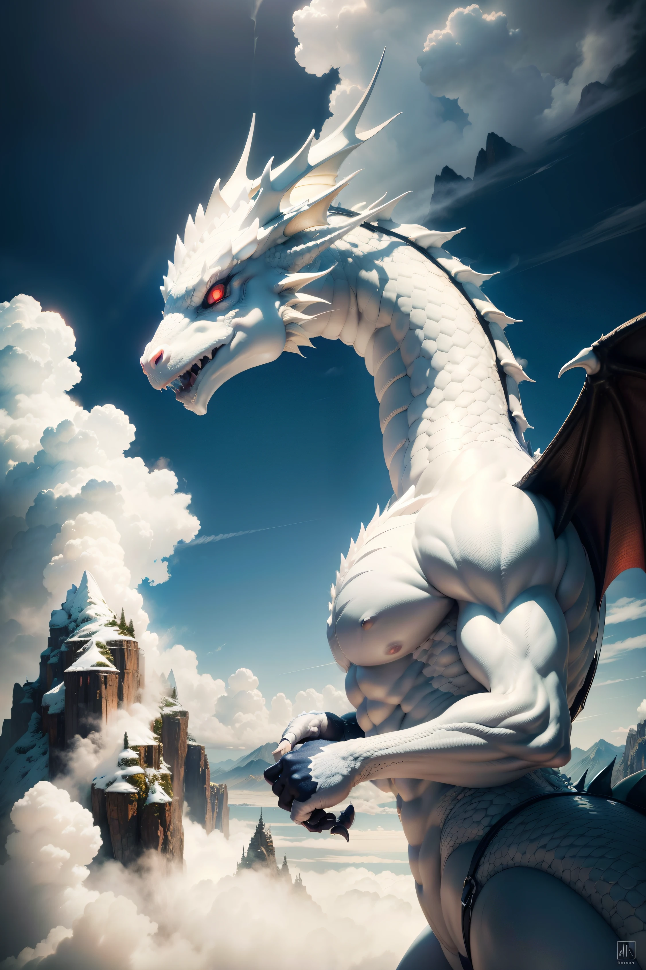 Hyper realistic art white fantasy kawaii dragon, red_ eyes, outdoors, smiling, sky, day, cloud, no_ humans, cloudy_ sky, scenery, smoke, mountain, dragon, cinematic lighting, strong contrast, high level of detail, Best quality, masterpiece,. Extremely high-resolution details, photographic, realism pushed to extreme, fine texture, incredibly lifelike, moving
