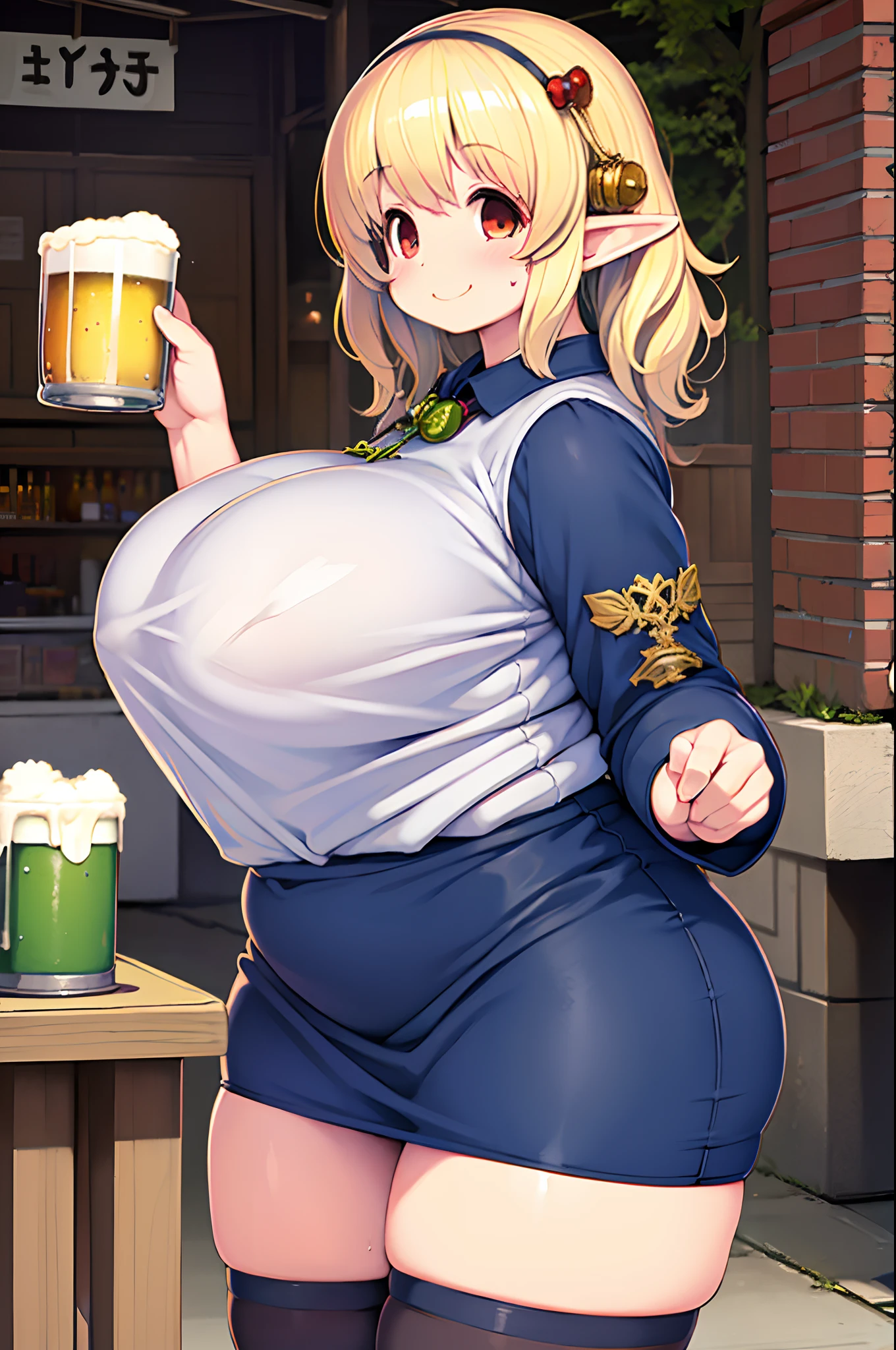 Elf Girl、Muchimuchi、bbw、huge-breasted、Sareme、tshirts、huge smile、Yakiniku、beer、