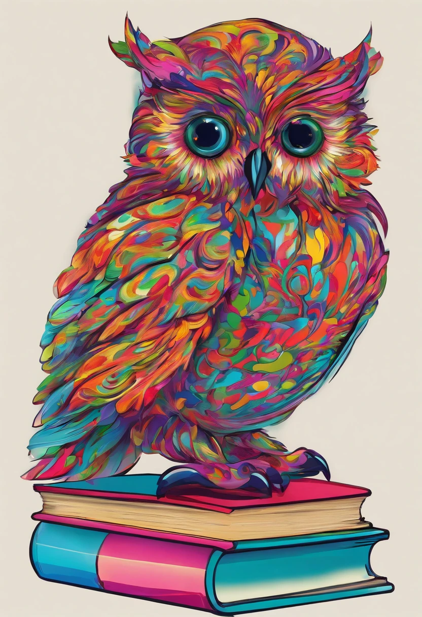 Glass owl sitting on books, Serious Style, whitebackground, fire, animated style, Vivid colors, Detailed feathers, sharp-focus, Realistic