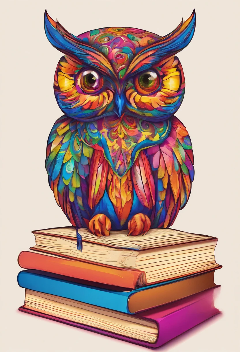 Glass owl sitting on books, Serious Style, whitebackground, fire, animated style, Vivid colors, Detailed feathers, sharp-focus, Realistic