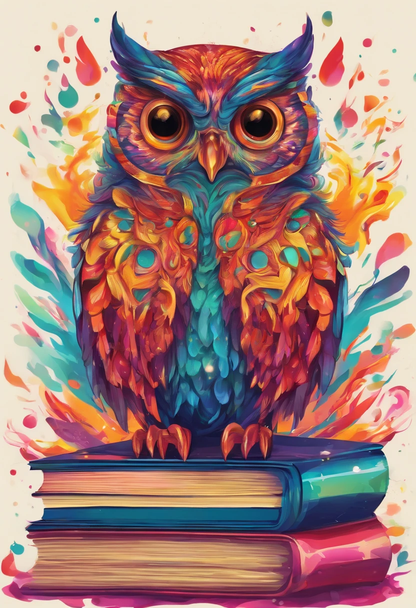 Glass owl sitting on books, Serious Style, whitebackground, fire, animated style, Vivid colors, Detailed feathers, sharp-focus, Realistic