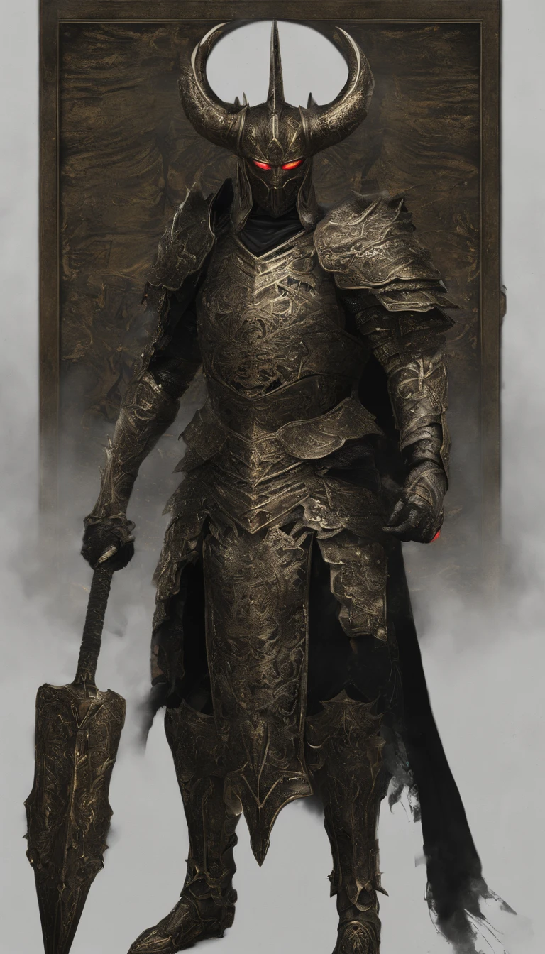 warrior, concept-art, author:Kishiganku, Fantasy art, battleground background, clean render, a horned, Wear a suit of armor, Detailed bushido form smoke, helmet of a forgotten deity, character is standing, 8k Realistic, in game render, detailed face background detail, Art station front page, taur, Pseudo-medieval fantasy, A deity wearing koi armor, detailed bronze armor, Bronze armor, golden etched armor, gold obsidian armor, Light gold armor, Gorgeous filigree armor, A demonic warrior, Gorgeous armor full of thorns, Intricate assasin armor, Intricate metal armor, powerful warrior, Dressed in gorgeous gold armor,Decorated with intricate patterns, The helmet has a large crown and two horns,Glowing red eyes, Everything is in the dark, The smoky background alludes to battle scenes, Add an ominous aura to his character,submission, Full body shot.