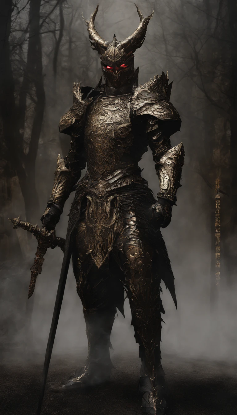 warrior, concept-art, author：Kishiganku, Fantasy art, battleground background, clean render, a horned, Wear a suit of armor, Detailed bushido form smoke, helmet of a forgotten deity, character is standing, 8k Realistic, in game render, detailed face background detail, Art station front page, taur, Pseudo-medieval fantasy, A deity wearing koi armor, detailed bronze armor, Bronze armor, golden etched armor, gold obsidian armor, Light gold armor, Gorgeous filigree armor, A demonic warrior, Gorgeous armor full of thorns, Intricate assasin armor, Intricate metal armor, powerful warrior, Dressed in gorgeous gold armor，Decorated with intricate patterns, The helmet has a large crown and two horns,Glowing red eyes， Everything is in the dark, The smoky background alludes to battle scenes, Add an ominous aura to his character，submission, Full body shot.