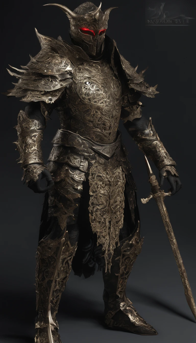 warrior, concept-art, author:Kishiganku, Fantasy art, battleground background, clean render, a horned, Wear a suit of armor, Detailed bushido form smoke, helmet of a forgotten deity, character is standing, 8k Realistic, in game render, detailed face background detail, Art station front page, taur, Pseudo-medieval fantasy, A deity wearing koi armor, detailed bronze armor, Bronze armor, golden etched armor, gold obsidian armor, Light gold armor, Gorgeous filigree armor, A demonic warrior, Gorgeous armor full of thorns, Intricate assasin armor, Intricate metal armor, powerful warrior, Dressed in gorgeous gold armor,Decorated with intricate patterns, The helmet has a large crown and two horns,Glowing red eyes, Everything is in the dark, The smoky background alludes to battle scenes, Add an ominous aura to his character,submission, Full body shot.