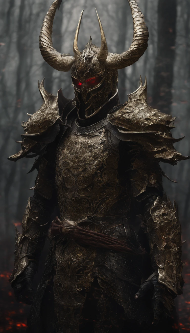 warrior, concept-art, author:Kishiganku, Fantasy art, battleground background, clean render, a horned, Wear a suit of armor, Detailed bushido form smoke, helmet of a forgotten deity, character is standing, 8k Realistic, in game render, detailed face background detail, Art station front page, taur, Pseudo-medieval fantasy, A deity wearing koi armor, detailed bronze armor, Bronze armor, golden etched armor, gold obsidian armor, Light gold armor, Gorgeous filigree armor, A demonic warrior, Gorgeous armor full of thorns, Intricate assasin armor, Intricate metal armor, powerful warrior, Dressed in gorgeous gold armor,Decorated with intricate patterns, The helmet has a large crown and two horns,Glowing red eyes, Everything is in the dark, The smoky background alludes to battle scenes, Add an ominous aura to his character,submission, Full body shot.