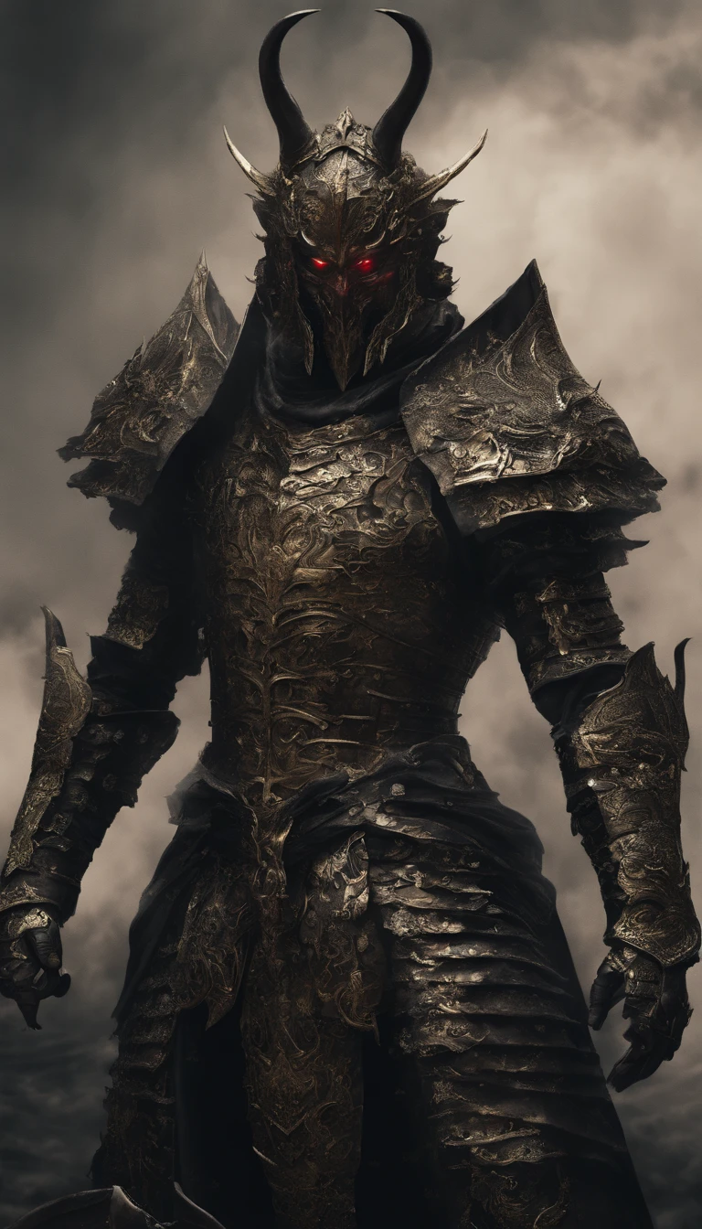 warrior, concept-art, author：Kishiganku, Fantasy art, battleground background, clean render, a horned, Wear a suit of armor, Detailed bushido form smoke, helmet of a forgotten deity, character is standing, 8k Realistic, in game render, detailed face background detail, Art station front page, taur, Pseudo-medieval fantasy, A deity wearing koi armor, detailed bronze armor, Bronze armor, golden etched armor, gold obsidian armor, Light gold armor, Gorgeous filigree armor, A demonic warrior, Gorgeous armor full of thorns, Intricate assasin armor, Intricate metal armor, powerful warrior, Dressed in gorgeous gold armor，Decorated with intricate patterns, The helmet has a large crown and two horns,Glowing red eyes， Everything is in the dark, The smoky background alludes to battle scenes, Add an ominous aura to his character，submission, Full body shot.