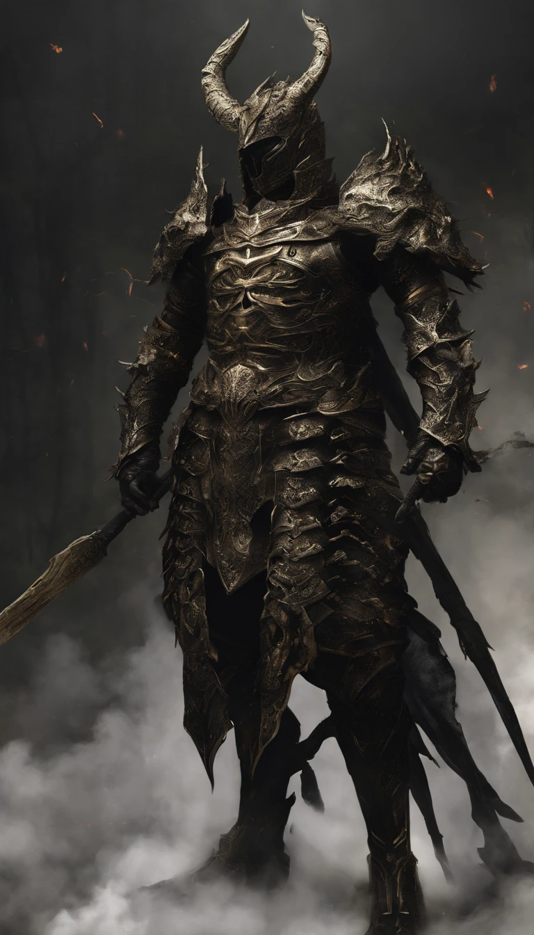 warrior, concept-art, author:Kishiganku, Fantasy art, battleground background, clean render, a horned, Wear a suit of armor, Detailed bushido form smoke, helmet of a forgotten deity, character is standing, 8k Realistic, in game render, detailed face background detail, Art station front page, taur, Pseudo-medieval fantasy, A deity wearing koi armor, detailed bronze armor, Bronze armor, golden etched armor, gold obsidian armor, Light gold armor, Gorgeous filigree armor, A demonic warrior, Gorgeous armor full of thorns, Intricate assasin armor, Intricate metal armor, powerful warrior, Dressed in gorgeous gold armor,Decorated with intricate patterns, The helmet has a large crown and two horns,Glowing red eyes, Everything is in the dark, The smoky background alludes to battle scenes, Add an ominous aura to his character,submission, Full body shot.