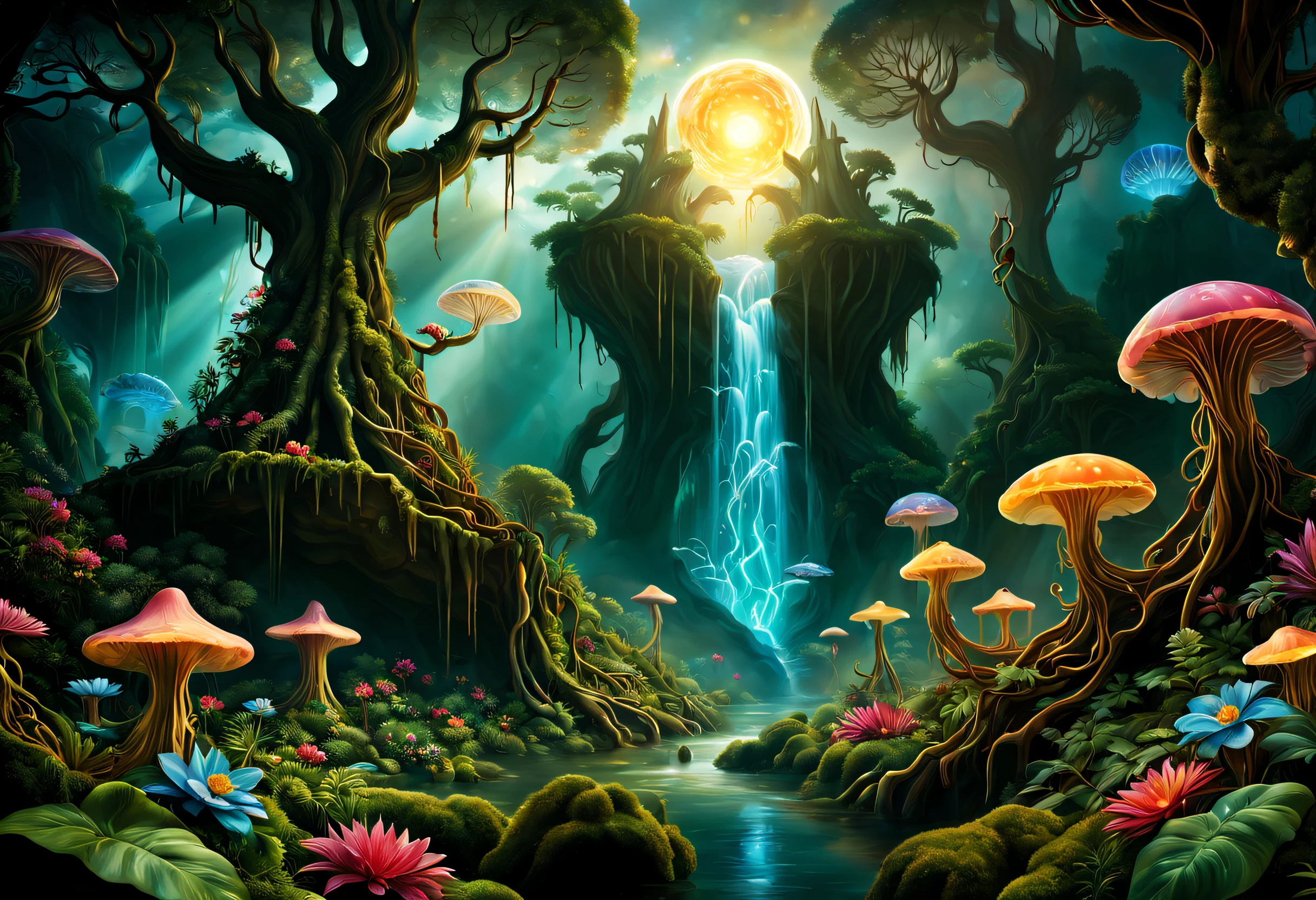 (((Masterpiece))), (((Best quality))), ((intricately details)), ((Hyperrealistic)), Swirling clouds and colorful flowers, (The Lord of the Rings movie is a mysterious dream forest,Dense trees,Strange and cute trees,magicle world,Enchanting dreamy jungle in the moonlight, A huge glowing world tree covered in a dense fantasy forest, cascading waterfalls, and glowing jellyfish soaring in the dark, Dense forest,Exotic flowers and plants bloom,Enchanting dreamy jungle in the moonlight,The picture is magnificent), Beautiful background, Light particles, suns rays, Dramatic lighting, Cinematic lighting, (midnight), (Irregular), (mysterious), (ridiculous), Dreamy, Disney, vectorial