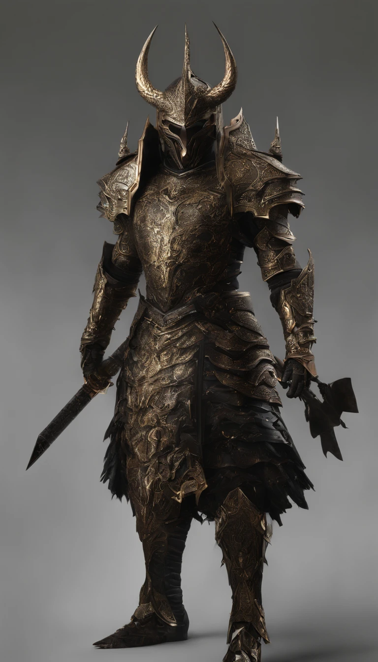 warrior, concept-art, author:Kishiganku, Fantasy art, battleground background, clean render, a horned, Wear a suit of armor, Detailed bushido form smoke, helmet of a forgotten deity, character is standing, 8k Realistic, in game render, detailed face background detail, Art station front page, taur, Pseudo-medieval fantasy, A deity wearing koi armor, detailed bronze armor, Bronze armor, golden etched armor, gold obsidian armor, Light gold armor, Gorgeous filigree armor, A demonic warrior, Gorgeous armor full of thorns, Intricate assasin armor, Intricate metal armor, powerful warrior, Dressed in gorgeous gold armor,Decorated with intricate patterns, The helmet has a large crown and two horns,Glowing red eyes, Everything is in the dark, The smoky background alludes to battle scenes, Add an ominous aura to his character,submission, Full body shot.