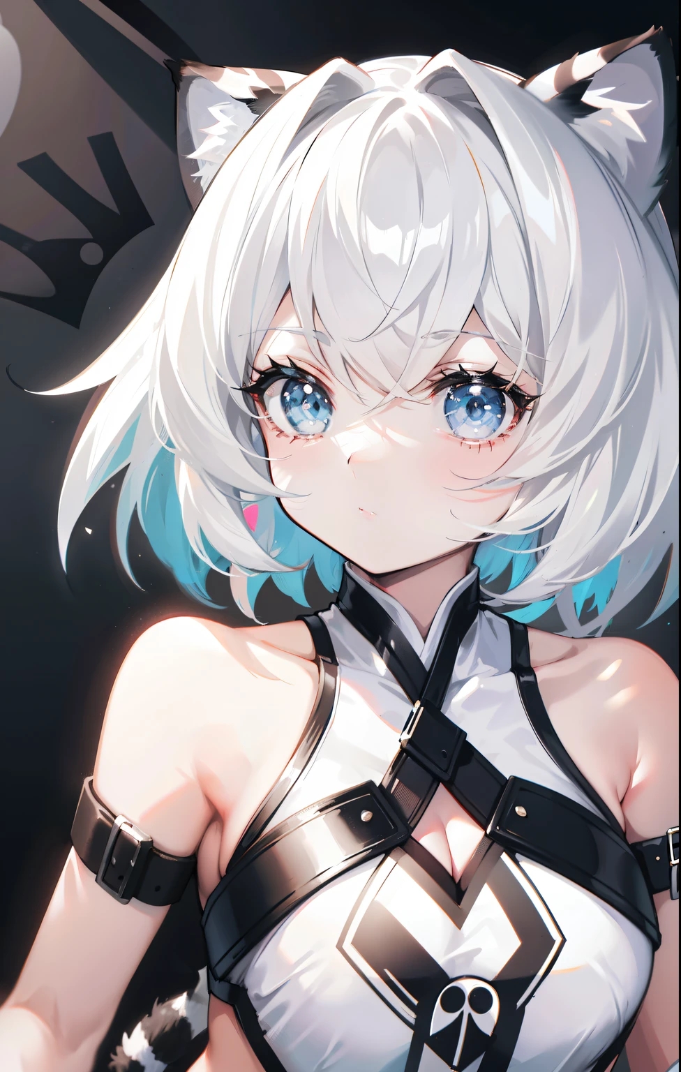 Short black and white hair,Cute girl looks like a milky girl,white clothes,Cute,Black and white tiger ears