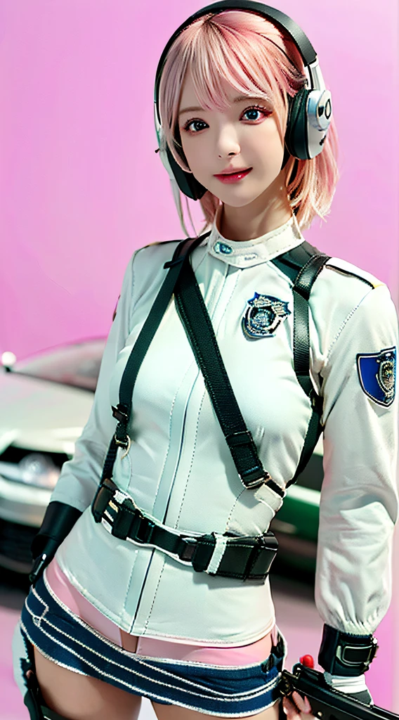 (Top Quality, Ultra High Definition, Photorealistic:1.4), (cowboy shot:1), 1 Beautiful Armed Girl, (Kpop Idol), Detailed Face, (Hair Style: Pink:1, fullbang, shortbob-style:1), Contrapposto, Perfect Anatomy, Smooth Skin, Professional Lighting, ((wearing Futuristic Police Racing Suits, low-mini-skirt, police wappen, High-tech Headset, military waist harness and gun-holder, racing gloves, transceiver, handgun)), (Cloths colors based on silver pink black white), (background, crashed cars, fire, (Explosion)),
