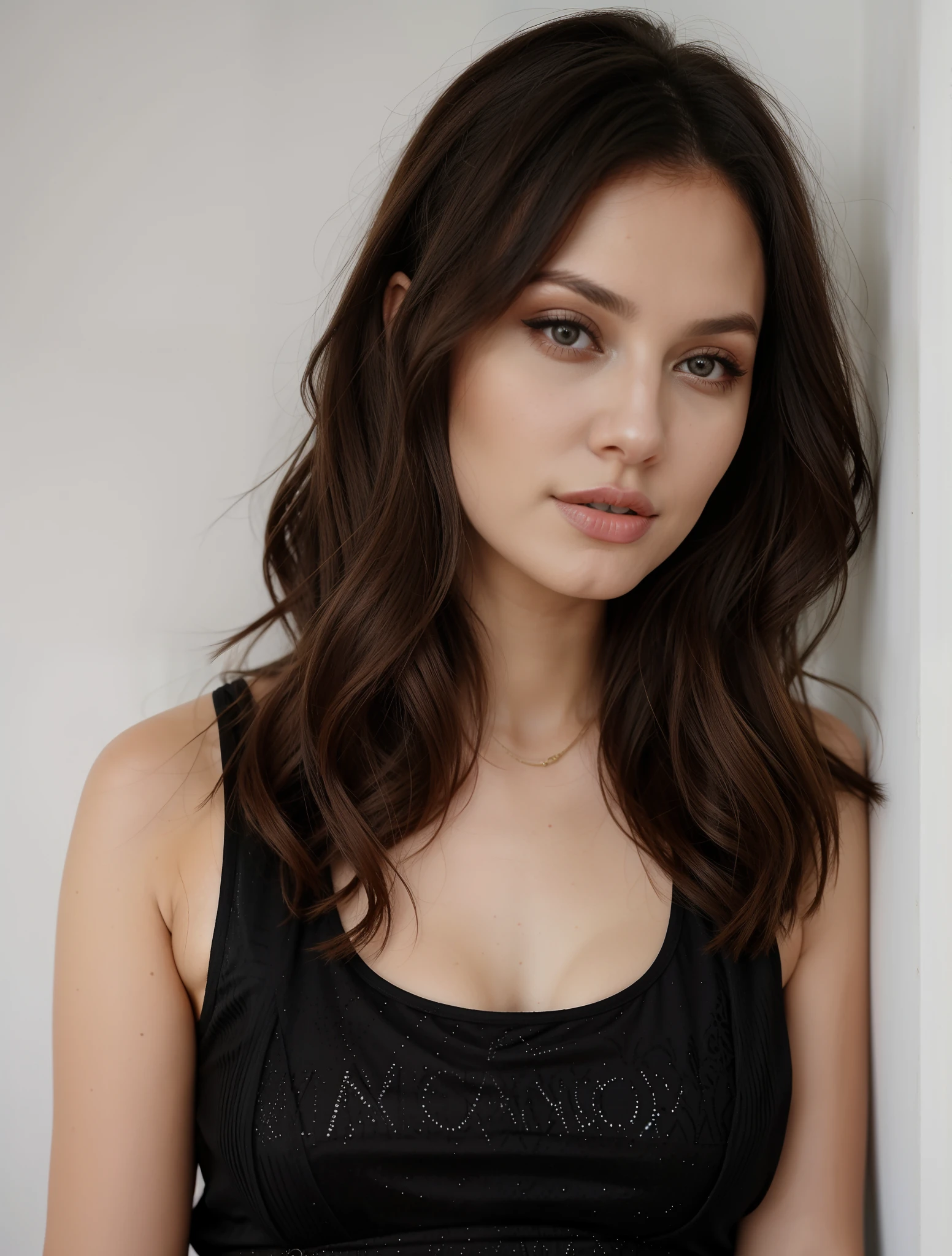 Mulher arafed com longos cabelos castanhos usando um vestido preto, julia sarda, Retrato Sophie Mudd, cabelos ondulados na altura dos ombros, franja de cortina de parte central, Andorinha Toron, Kailee Mandel, franja de cortina, Olivia de Bernardinis, Angelina Stroganova, she is wearing a black tank top, Directed by: Emma Andijewska