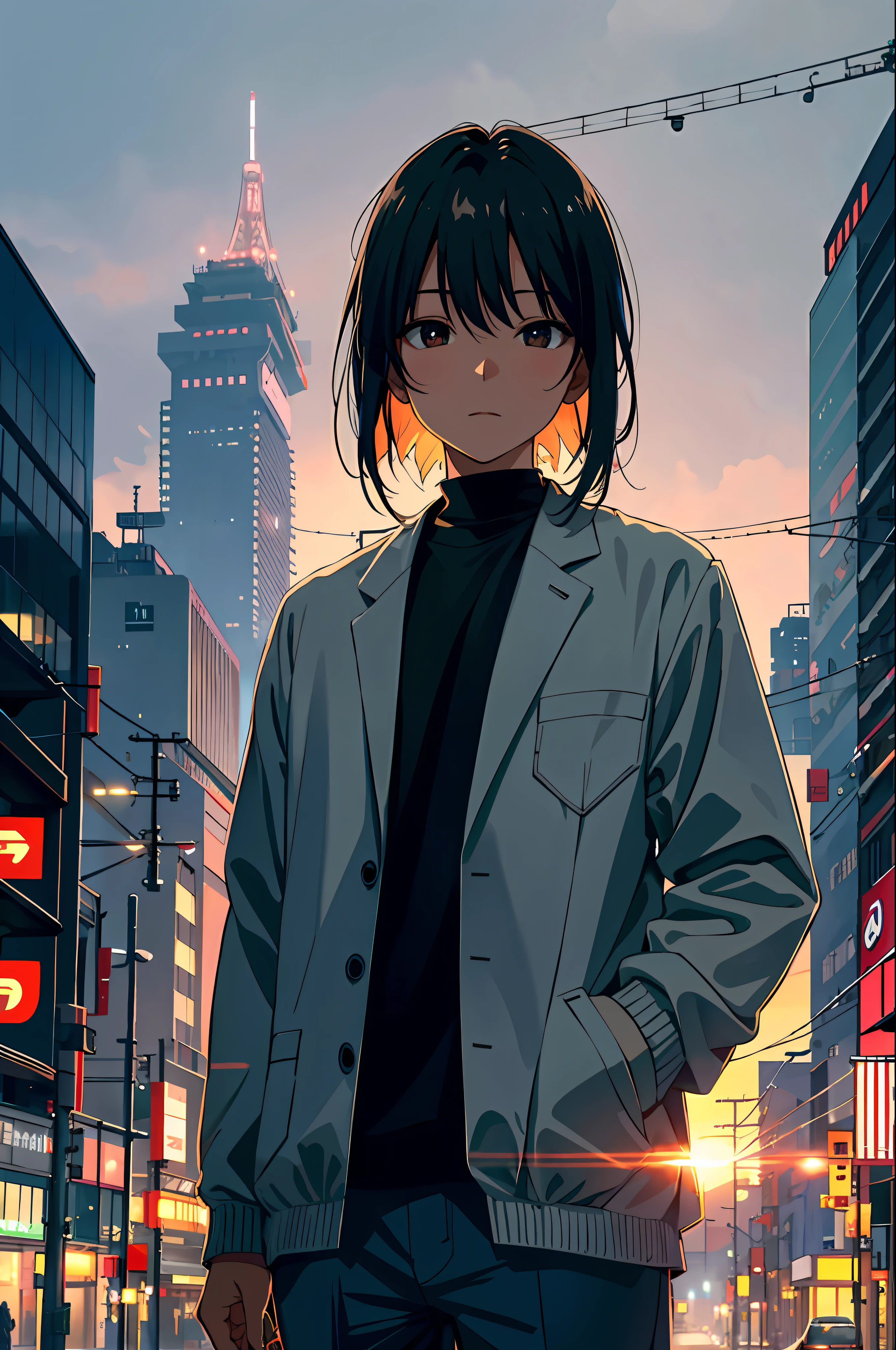background, Japan, high resolution, best quality, illustration, ultra detail, soft lighting, best quality, foggy glow, dreamy atmosphere, ultra detail, masterpiece, passerby, outdoors, evening, skyscraper in background, industry, public transport, urban, building concrete, concrete, sidewalk, busy, tree, sky, sunset, long shot