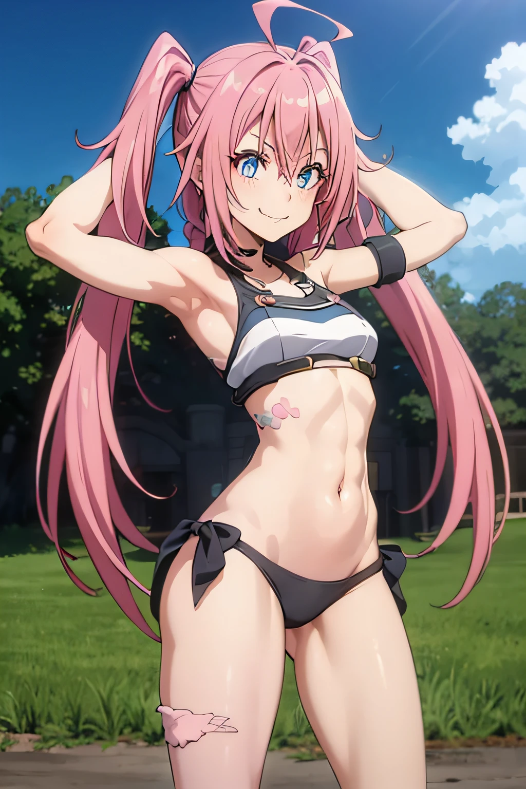 ((female)), (very messy pink hair), pigtails, (smile), fangs, ((ripped abdomen)), toned arms and legs, medium breasts, (universe setting holding planet earth), blue eyes , yacht in the background, (((best quality))), standing, barefoot
