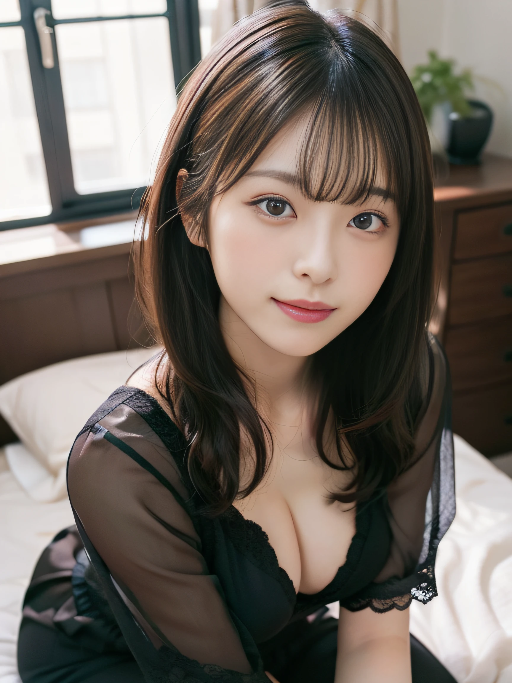 in 8K,Best Quality:1.4, 超A high resolution:1.5, (Photorealistic:1.4),​masterpiece:1.2,(top-quality:1.4)、 Raw photo、 (the background is blurred) 、FULL BODYSHOT、Bedrooms、 1日本人の女の子, Cute, (Solo:1.4), (Shy smile), Smooth skin、Neat underwear、 (Brown medium hair,Bangs), (touch hair:1.4),nogizaka,undergarment,Supple fingertips,Beautiful black eyes、dual、natural skin textures:1.3, realistic eyes and face details:1.7、middlebreasts、Gravure Pose：1.1、Toned buttocks:1.5、Provoking poses、thighs thighs thighs thighs、sit on a bed、knees up、open one's legs、gazing at viewer