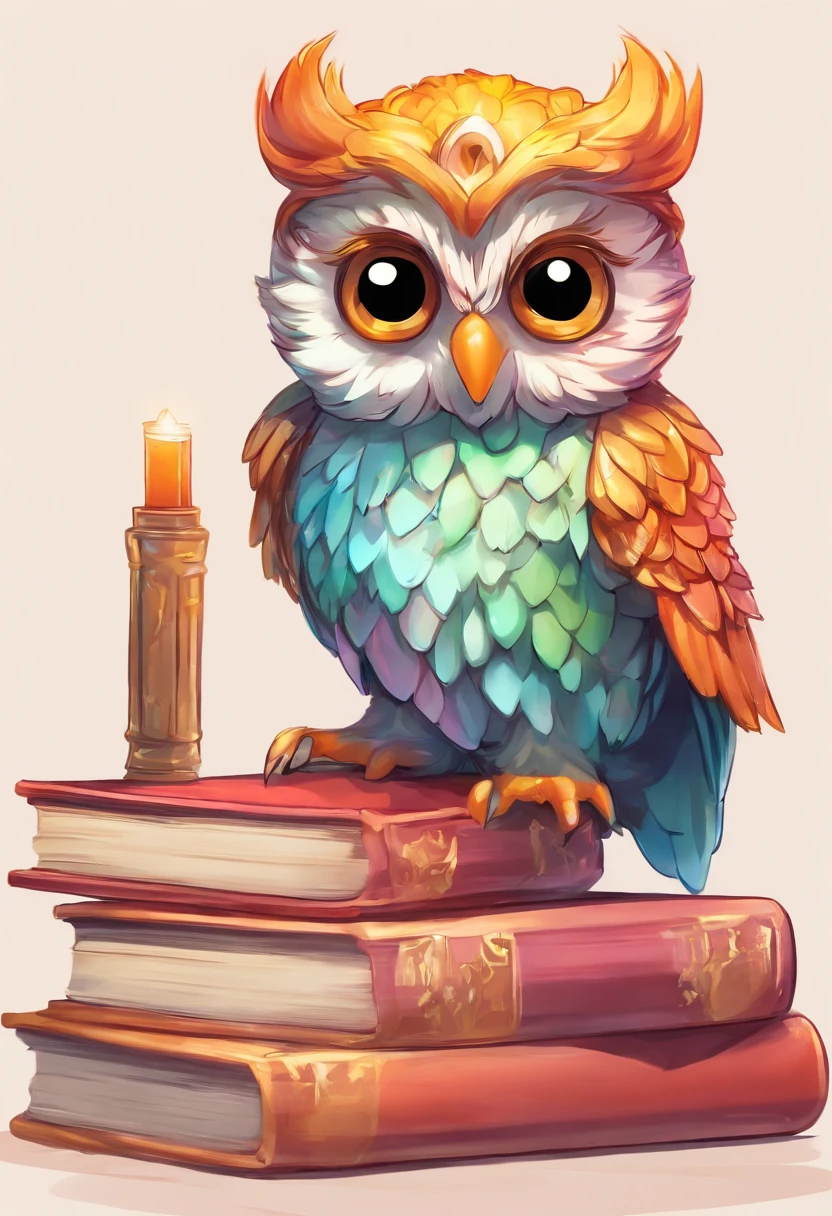 Glass owl sitting on books, Serious Style, whitebackground, fire, Dark Owl, Detailed feathers, sharp-focus, Realistic