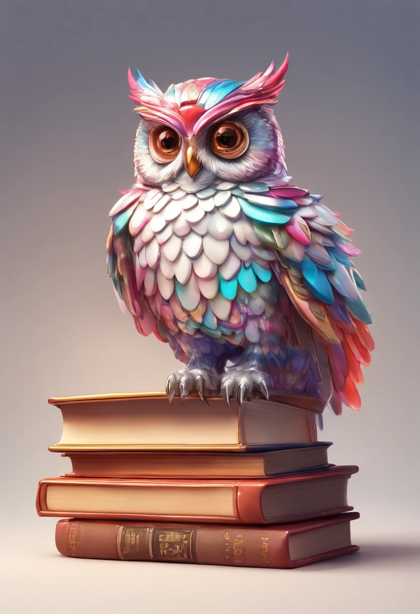 Glass owl sitting on books, Serious Style, whitebackground, fire, Dark Owl, Detailed feathers, sharp-focus, Realistic