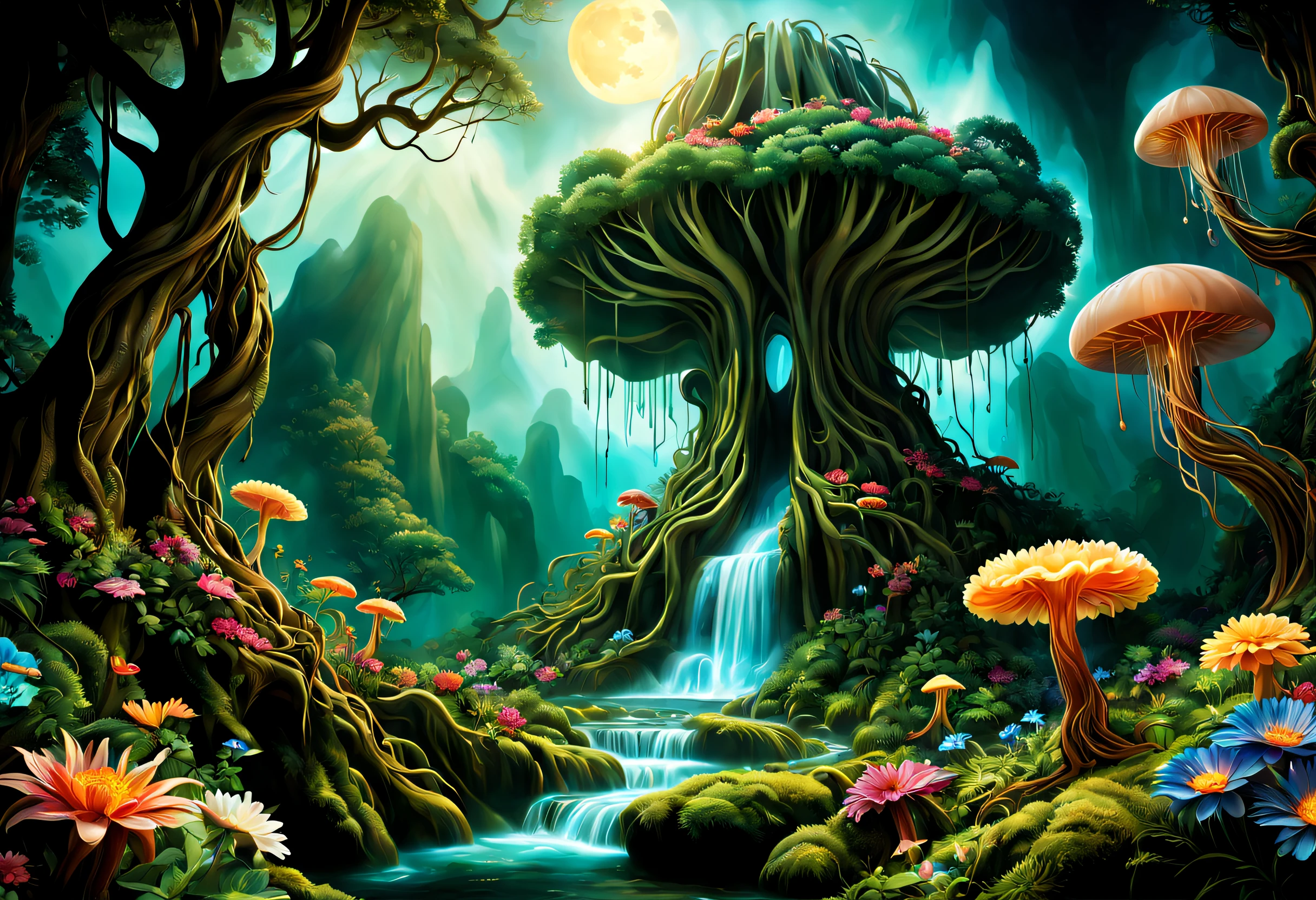 (((Masterpiece))), (((Best quality))), ((intricately details)), ((Hyperrealistic)), Swirling clouds and colorful flowers, (The Lord of the Rings movie is a mysterious dream forest，Dense trees，Strange and cute trees，magicle world，Enchanting dreamy jungle in the moonlight, A huge glowing world tree covered in a dense fantasy forest, cascading waterfalls, and glowing jellyfish soaring in the dark, Dense forest，Exotic flowers and plants bloom，Enchanting dreamy jungle in the moonlight，The picture is magnificent), Beautiful background, Light particles, suns rays, Dramatic lighting, Cinematic lighting, (midnight), (Irregular), (mysterious), (ridiculous), Dreamy, Disney, vectorial
