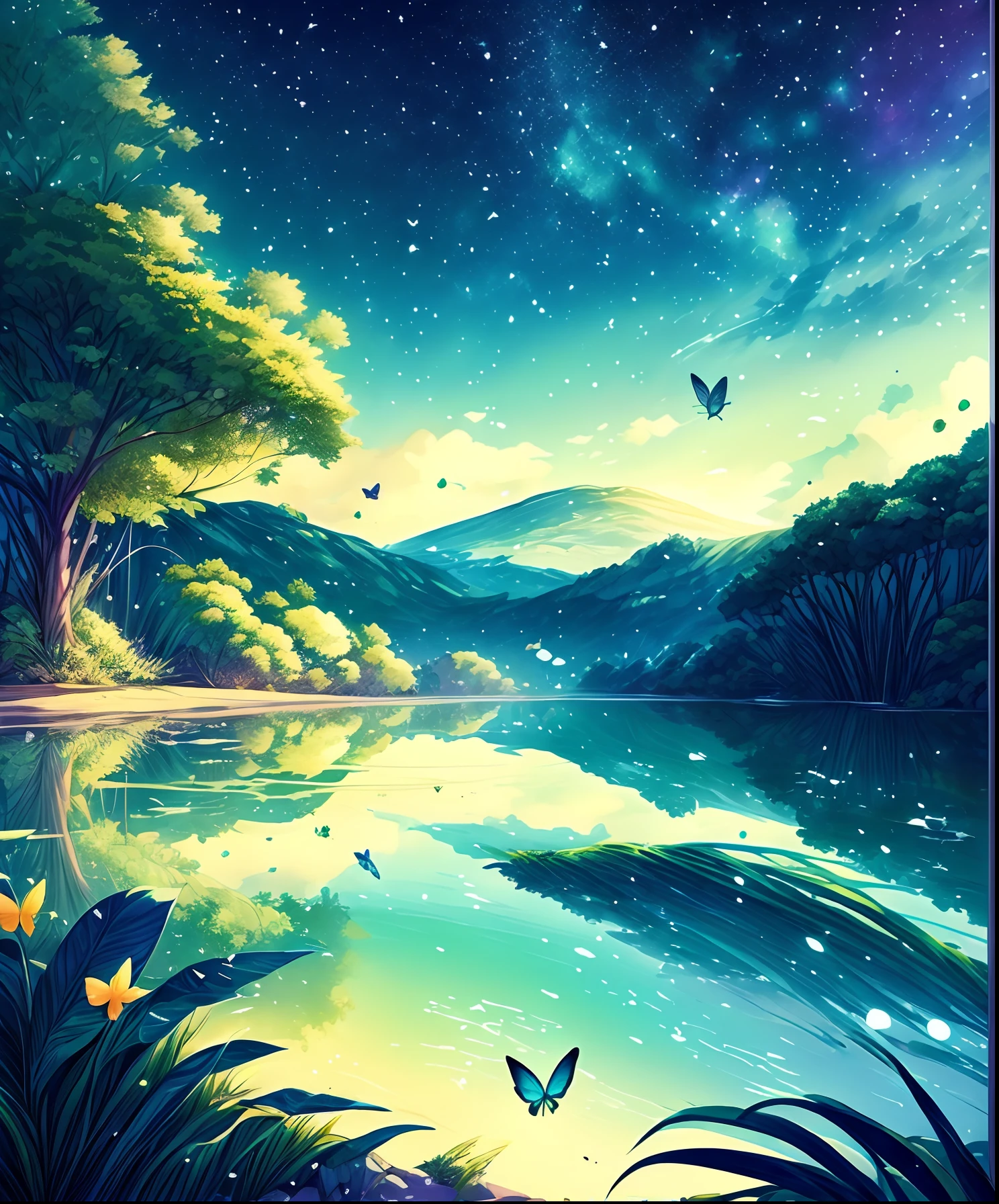 Cute girl characters、Green grass々Drawing a butterfly flying over the water, Looking up at the starry sky. Surround her with colorful nebulae and colorful forests.