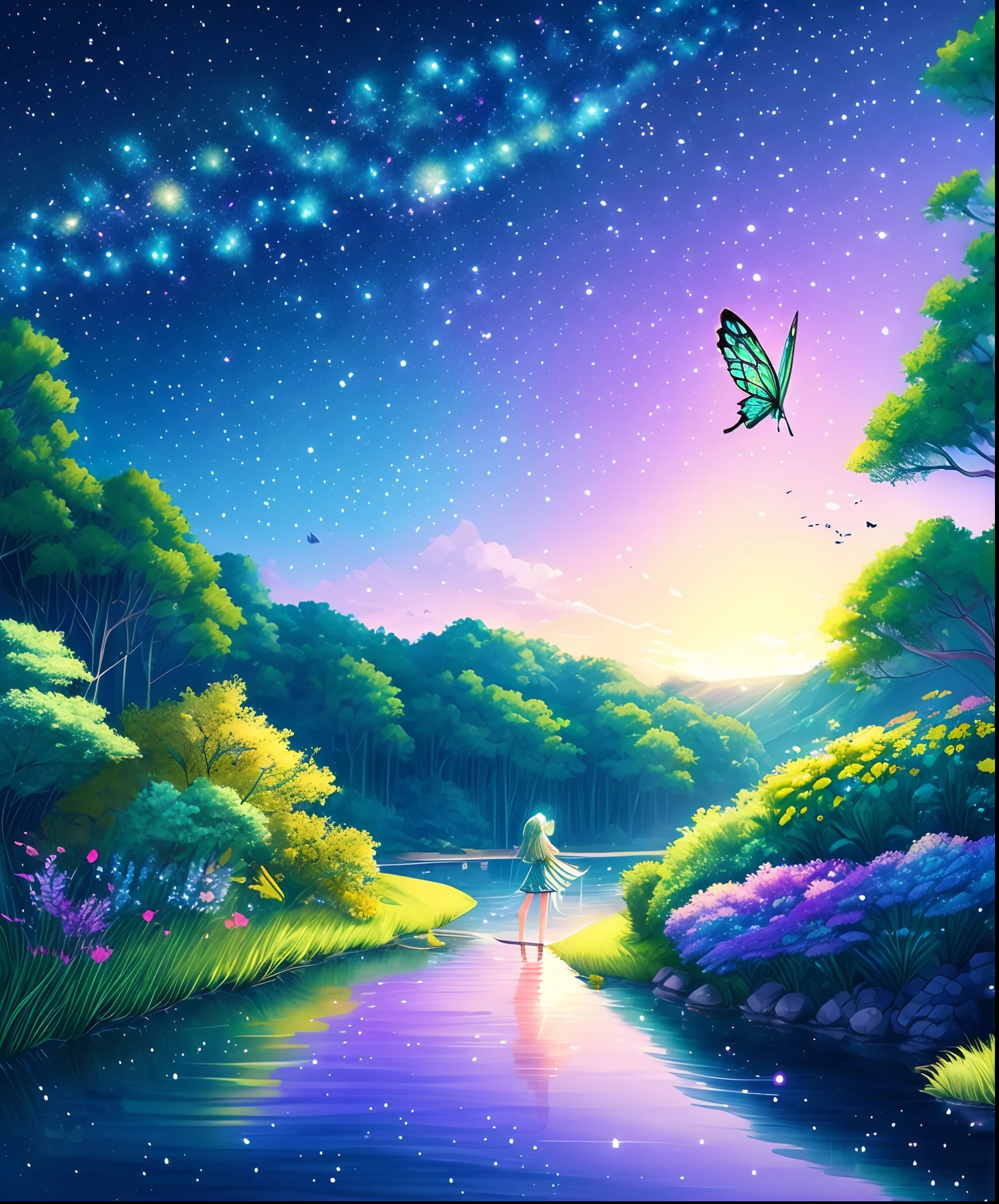 Cute girl characters、Green grass々Drawing a butterfly flying over the water, Looking up at the starry sky. Surround her with colorful nebulae and colorful forests.