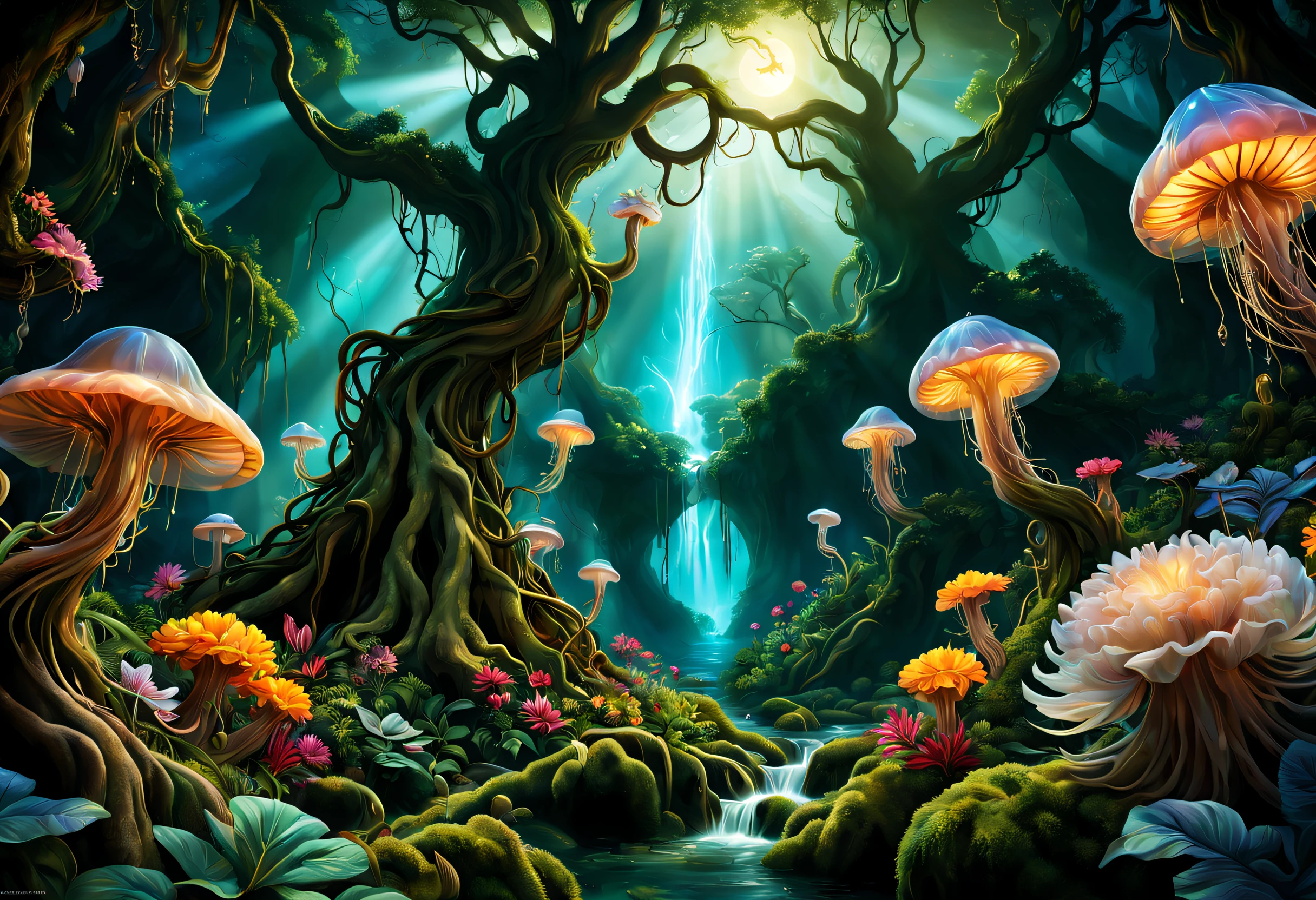(((Masterpiece))), (((Best quality))), ((intricately details)), ((Hyperrealistic)), Swirling clouds and colorful flowers, (The Lord of the Rings movie is a mysterious dream forest，Dense trees，Strange and cute trees，magicle world，Enchanting dreamy jungle in the moonlight, A huge glowing world tree covered in a dense fantasy forest, cascading waterfalls, and glowing jellyfish soaring in the dark, Dense forest，Exotic flowers and plants bloom，Enchanting dreamy jungle in the moonlight，The picture is magnificent), Beautiful background, Light particles, suns rays, Dramatic lighting, Cinematic lighting, (midnight), (Irregular), (mysterious), (ridiculous), Dreamy, Disney, vectorial